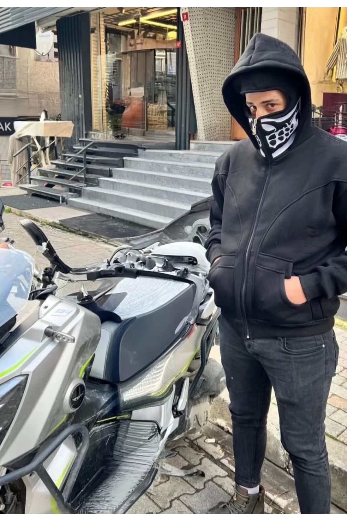 CVS Samuray Kapşonlu ZIP Fermuarlı Çift Kapşonlu Nakışlı SweatShirt- Siyah