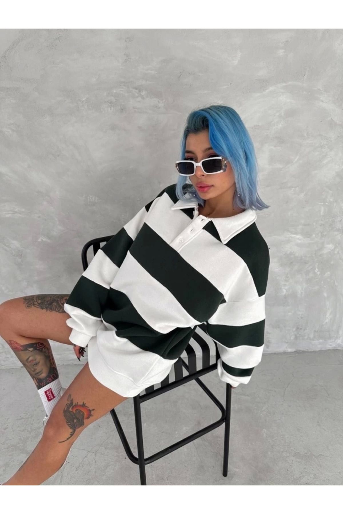 nedo7 Unisex Üç İplik Parçalı Yakalı SweatShirt - Yeşil