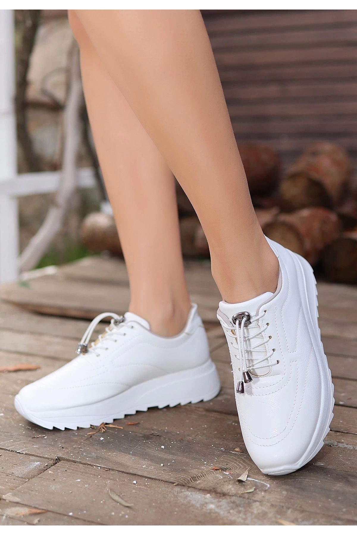 Shop58 Romy Beyaz Cilt Bağcıklı Spor Ayakkabı