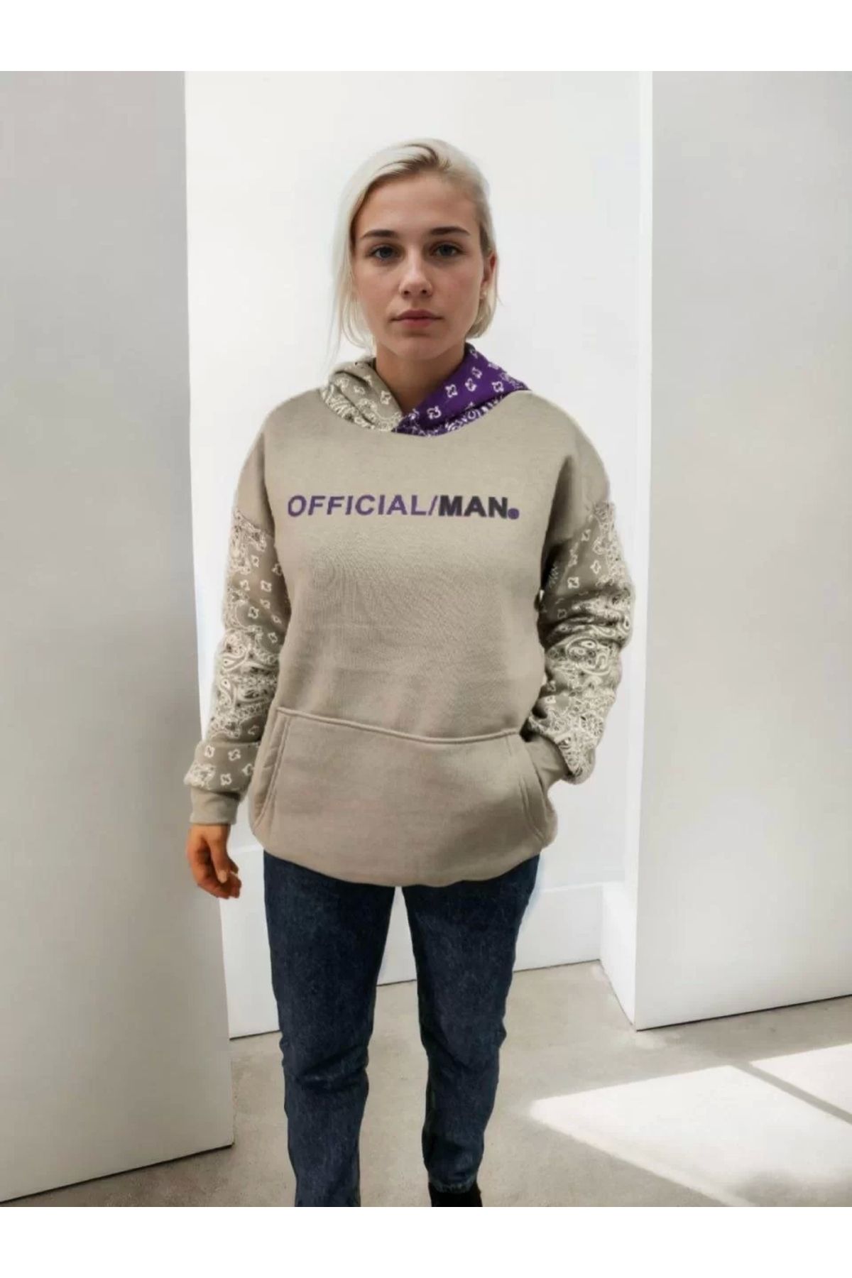 CVS Kadın Baskılı Kapüşonlu Sweatshirt - Gri