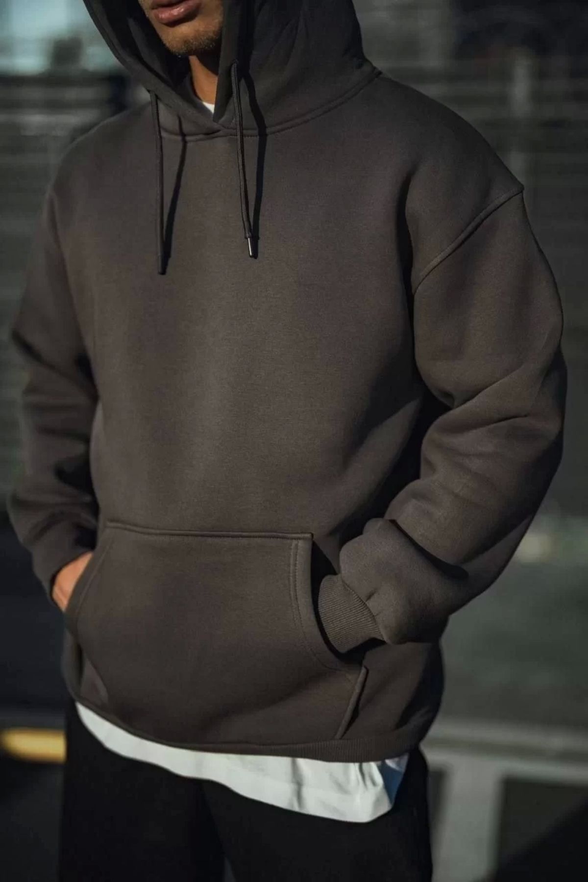 CVS Üç İplik Penye Kapşonlu Basic SweatShirt - Füme
