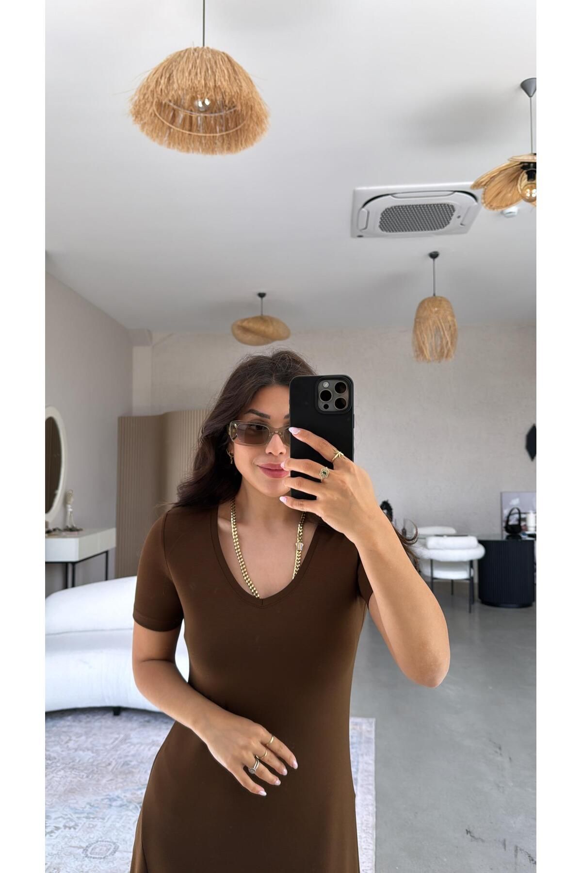 Buket Teke Kahverengi Özel Üretim Modal Elbise