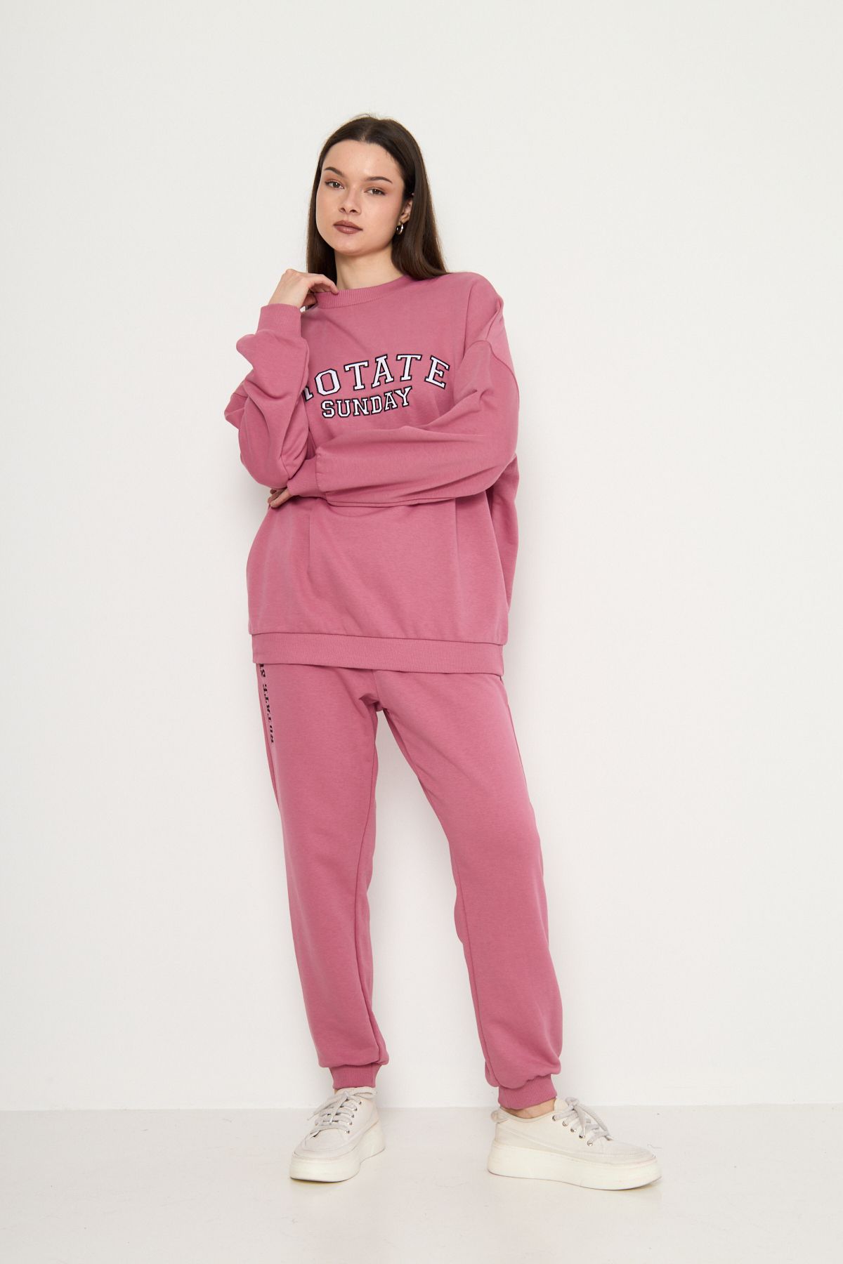 MODA Pembe Rotate Baskılı Bisiklet Yaka Sweatshirt-Eşofman Kadın Eşofman