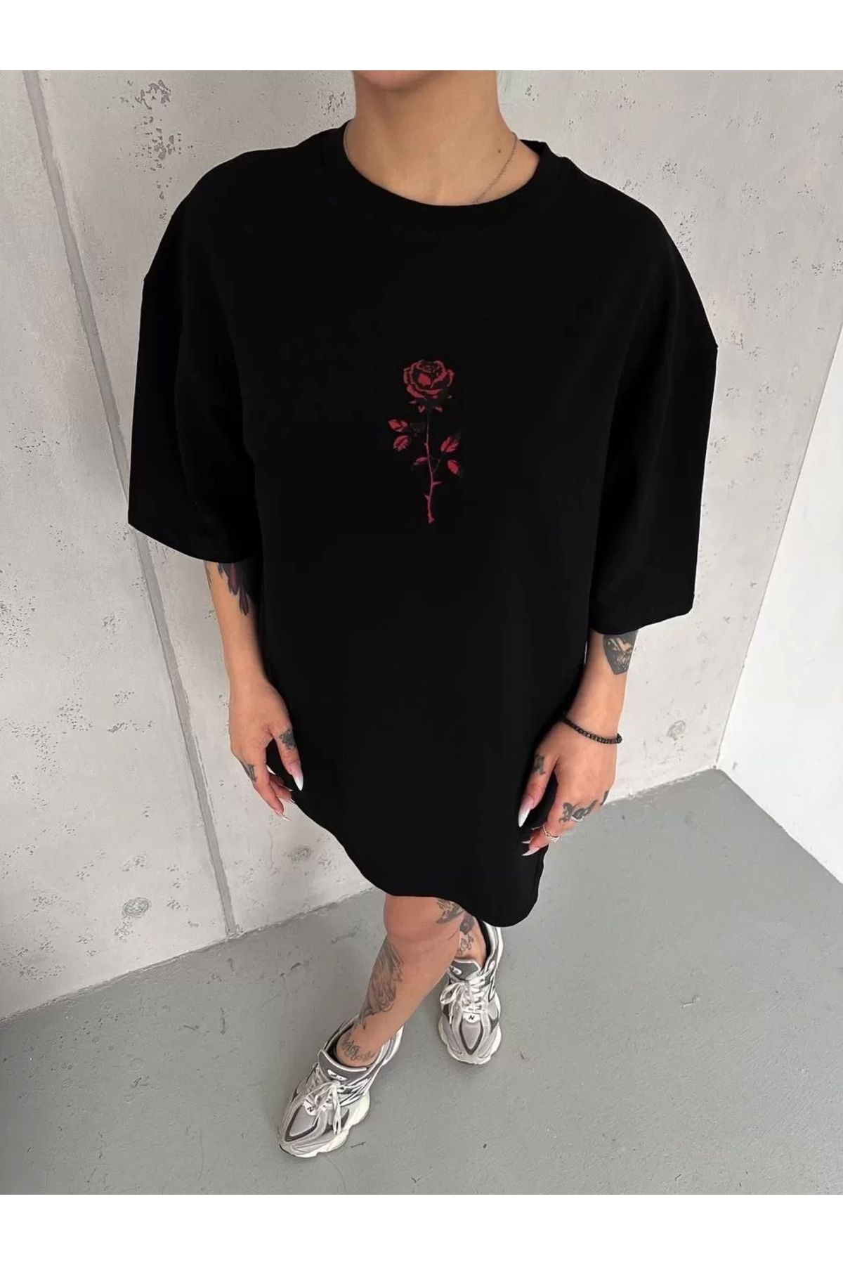 CVS Unisex Bisiklet Yaka Baskılı Oversize T-Shirt - Siyah