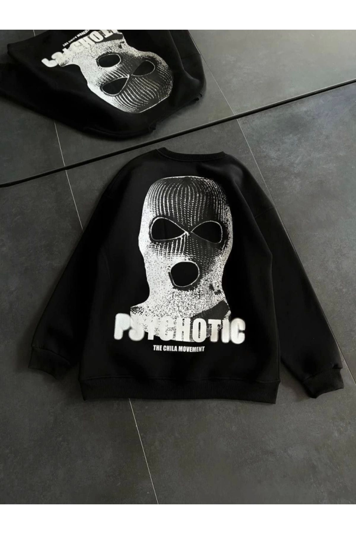 nedo7 Kışlık Bisiklet Yaka Baskılı SweatShirt - Siyah