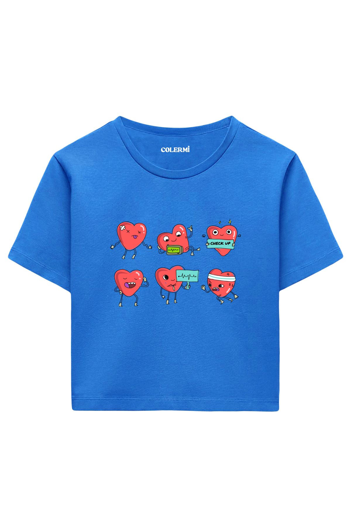 Colermi Sevimli Kalp Karakter Baskılı %100 Pamuk Kadın Crop Tshirt