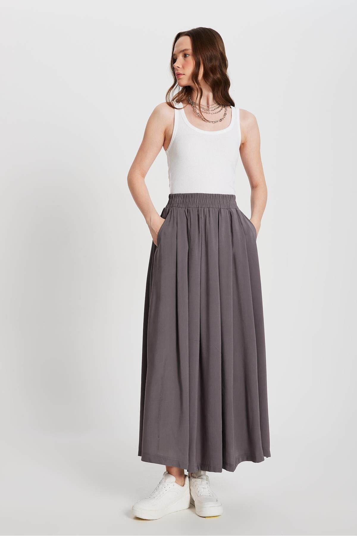 minaaise-Women's Anthracite Pleated Pocket Modal Long Skirt 29145 5