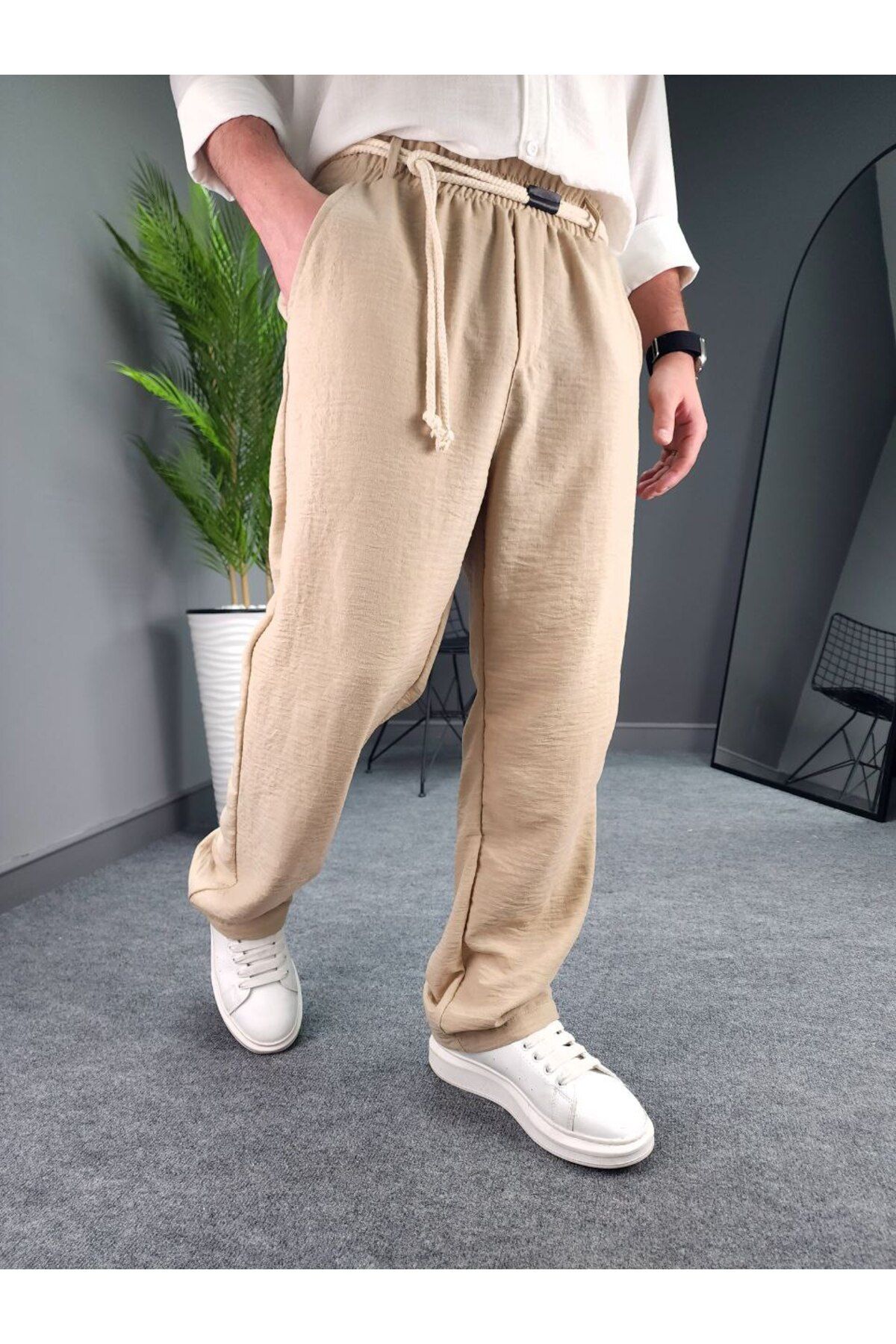 Castivo Fashion Bağcıklı Lastik Bel Rahat Kesim Erkek Yazlık Keten Görünümlü Pantolon