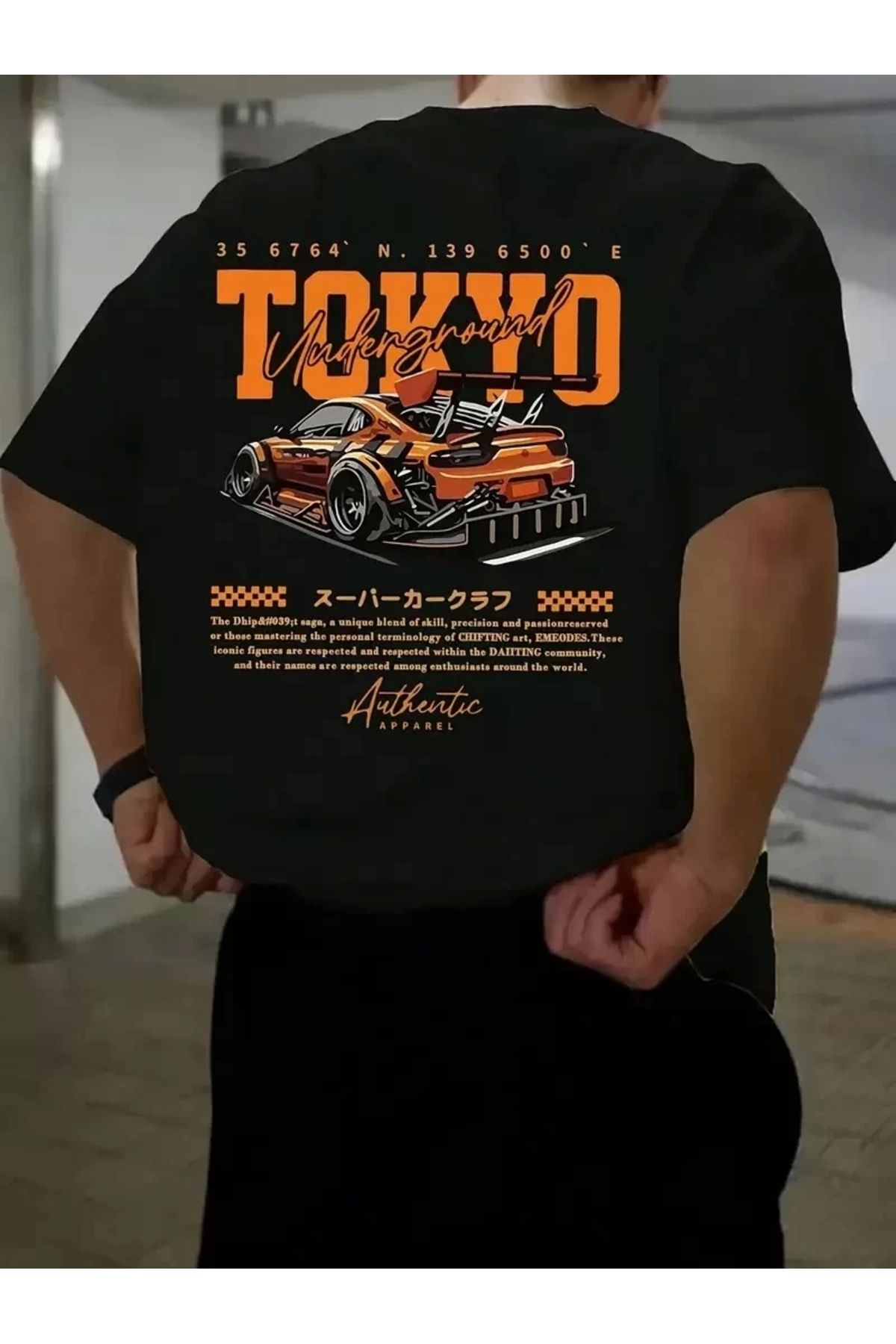 CVS Erkek Turuncu Spor Araba Grafik Tişört - "TOKYO" Baskılı Günlük Oversize Kısa Kollu Tişört, Yetişkin