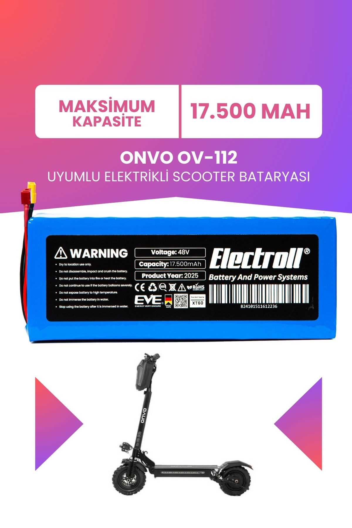 ELECTROLL OV-112 (Maksimum Kapasite) Batarya 48v 17.5ah Pil Elektrikli Scooter Bataryası