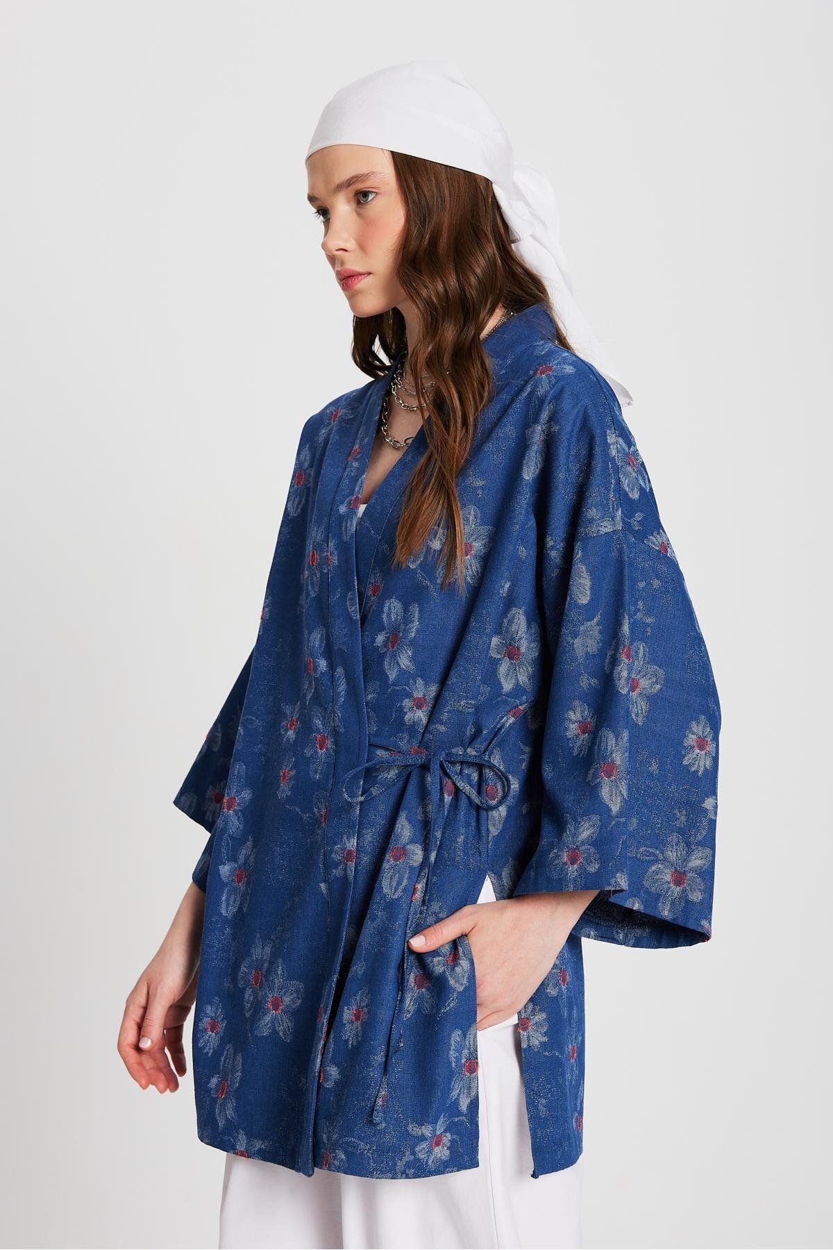 minaaise Kadın İndigo Jakar Desenli Kot Kimono Ceket 29151