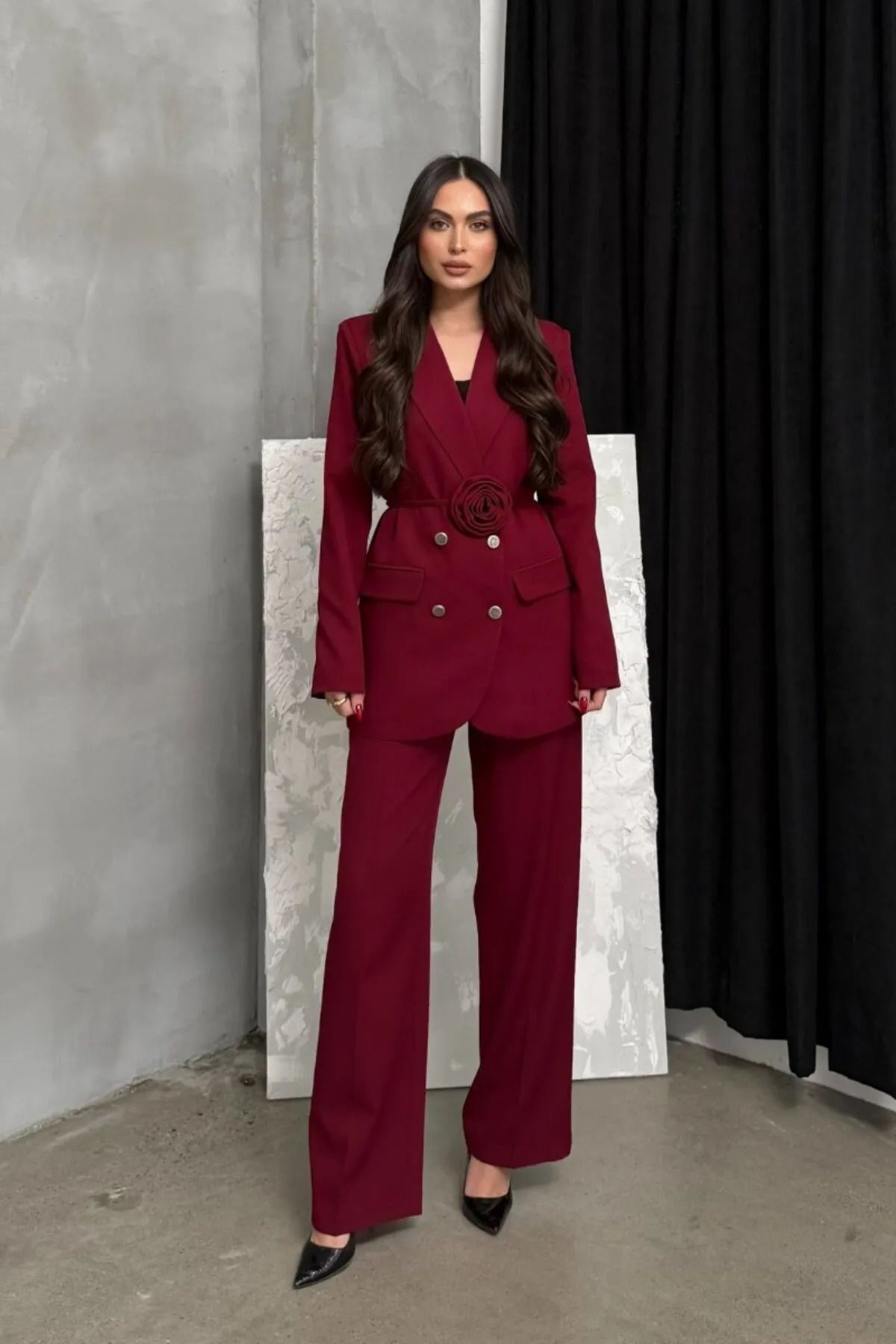 buqre's moda Kadın İkili Blazer Ceket Pantolon Takım Aksesuar Gül ve Düğme Detaylı Bol Paça