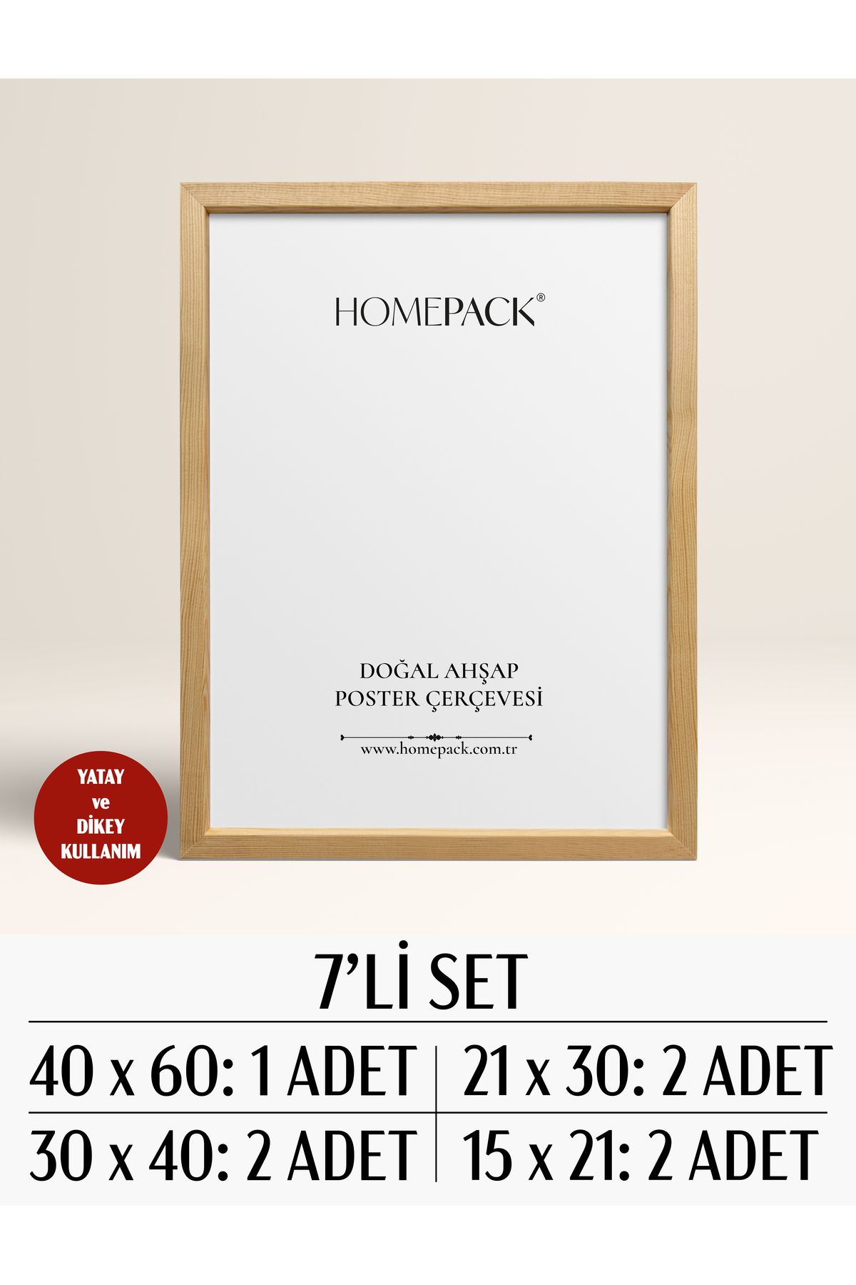 HOMEPACK DOĞAL AHŞAP 7 Parça Poster Çerçevesi, Önü Korumalı Boş Çerçeve YEDİLİ-SET-ÇERÇEVE-AHŞAP