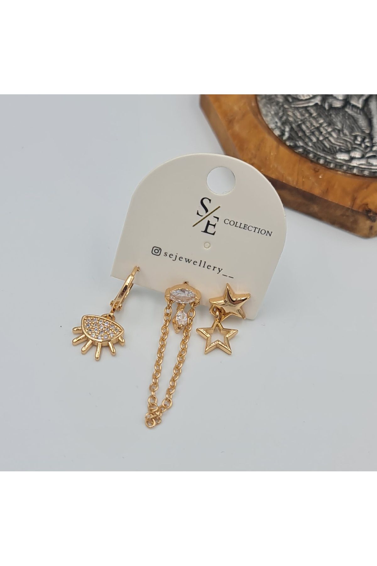 SE Jewellery Collection Selin Ersoy Rose Üçlü Kombin Küpe Seti - Yıldız, Göz ve Taş Detaylı