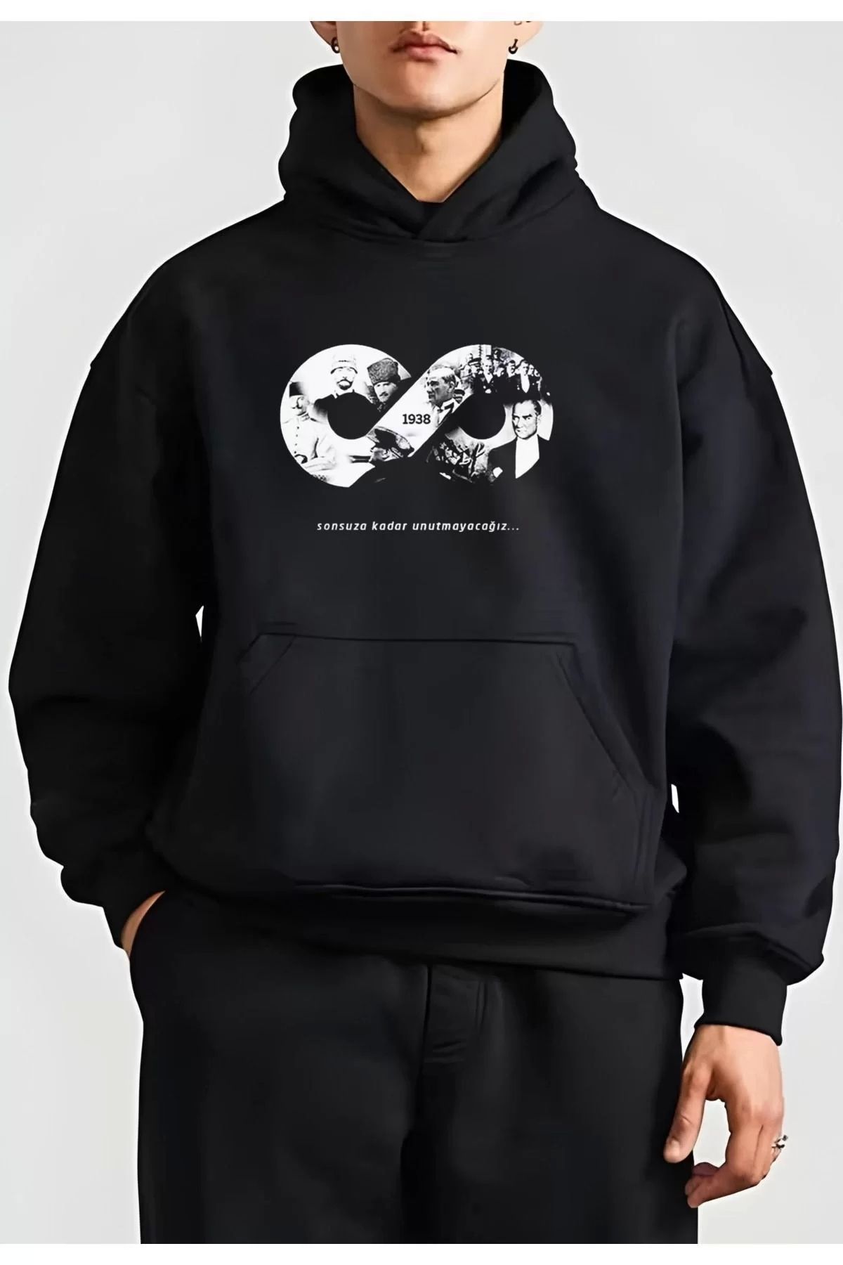 CVS 10 Kasıma Özel Üç İplik Kapüşonlu Baskılı SweatShirt - Siyah