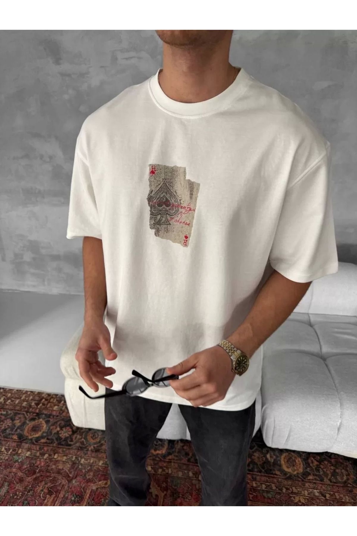 CVS Ön ve Arka Baskılı Oversize Bisiklet Yaka T-shirt - Beyaz