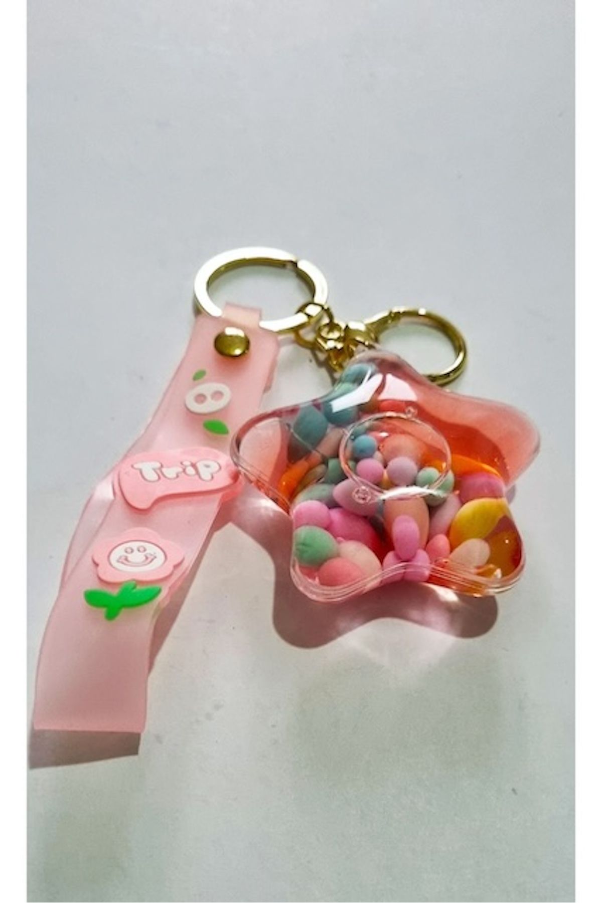 Modellino Kristalize Sulu Anahtarlık Silikon Bileklik & Çanta Süsü - Pembe Boncuklu Yıldız