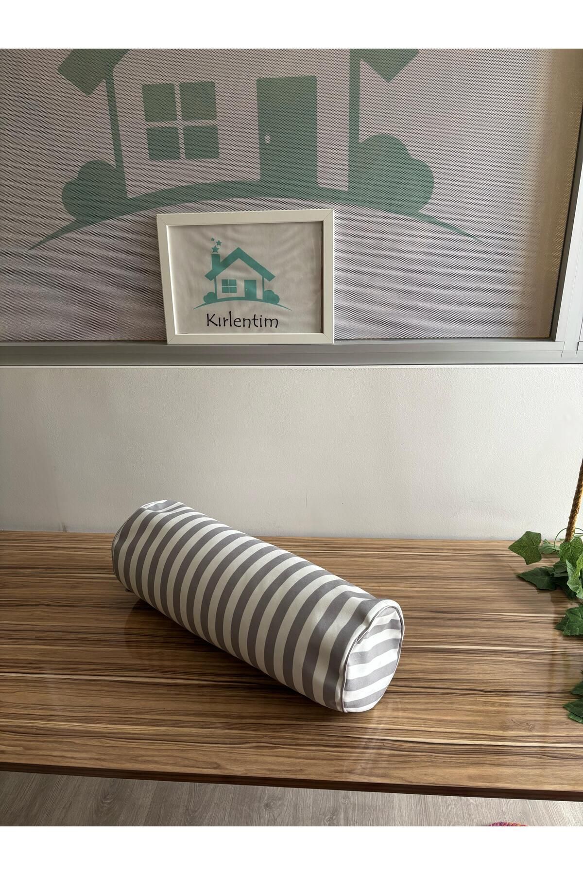 KIRLENTİM E872A Gri Beyaz Çizgili Silindir Içi Dolu Kırlent
