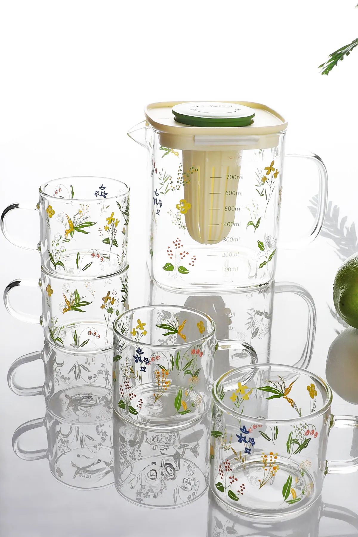 Home Çiçek Desenli Cam 5 Parça Bitki Çayı Demleme Seti 700 ml
