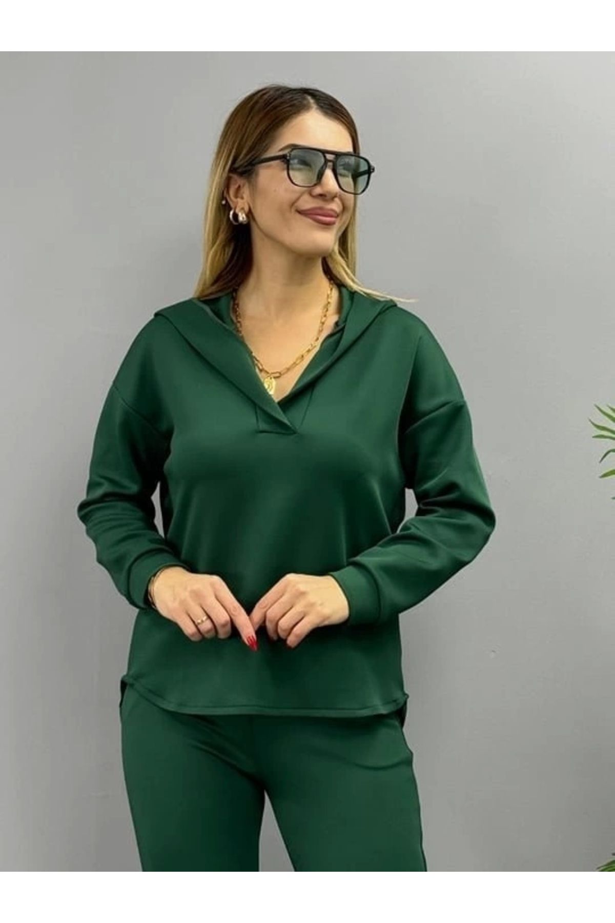 nedo7 Kadın Uzun Kol V Yaka Kapüşon Detay Sweat Ve Yüksel Bel Eşofman Ikili Takım