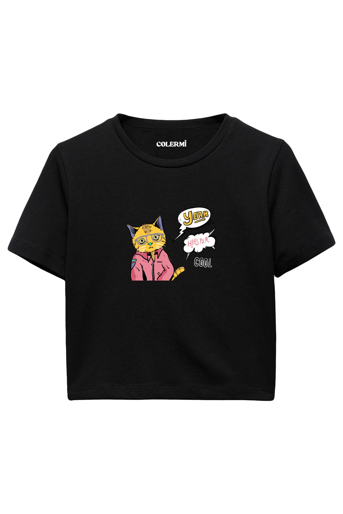 Colermi Hipster Kedi Baskılı %100 Pamuk Kadın Crop Tshirt