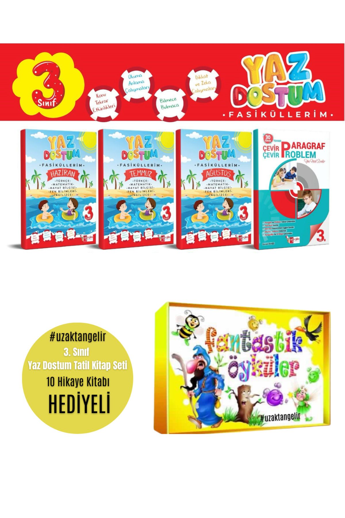 Artı Eğitim Yayınları 3. Sınıf Yaz Dostum Tatil Seti (3 Fasiküllü) +Paragraf Problem Kitabı+Fantastik Öyküler Hikaye Seti