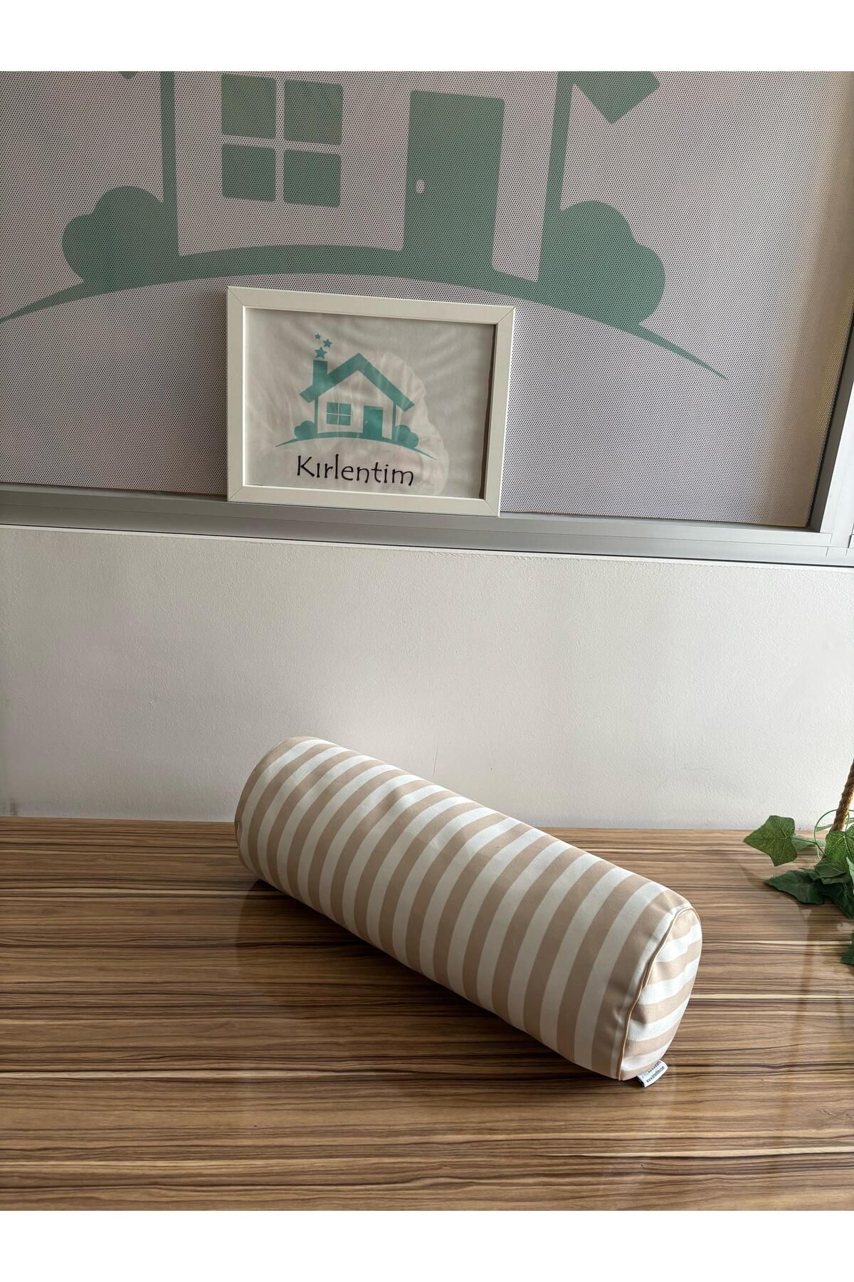 KIRLENTİM E872A Bej Beyaz Çizgili Silindir Içi Dolu Kırlent