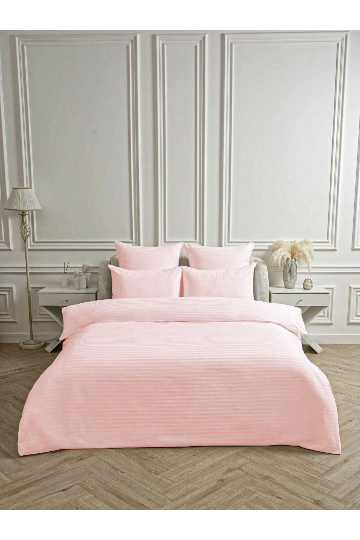 Bonny Home Line Pembe Pamuk Saten Çift Kişilik Nevresim Takımı Lastiksiz Çarşaflı 4 Parça Set