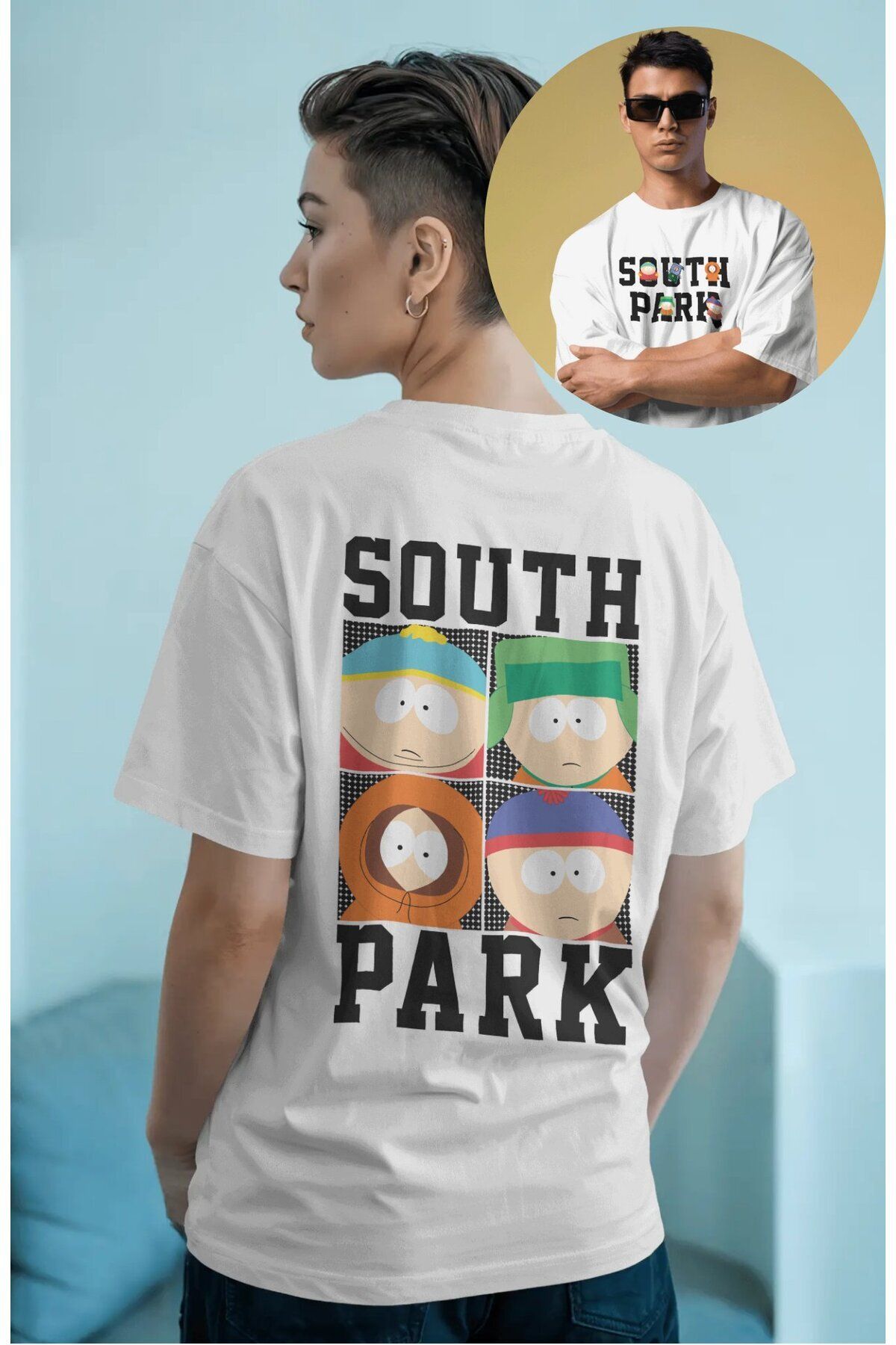 CNGZSHOP Unisex South Park Sırt Baskılı Tişört, Oversize Çizgi Film Temalı T-Shirt