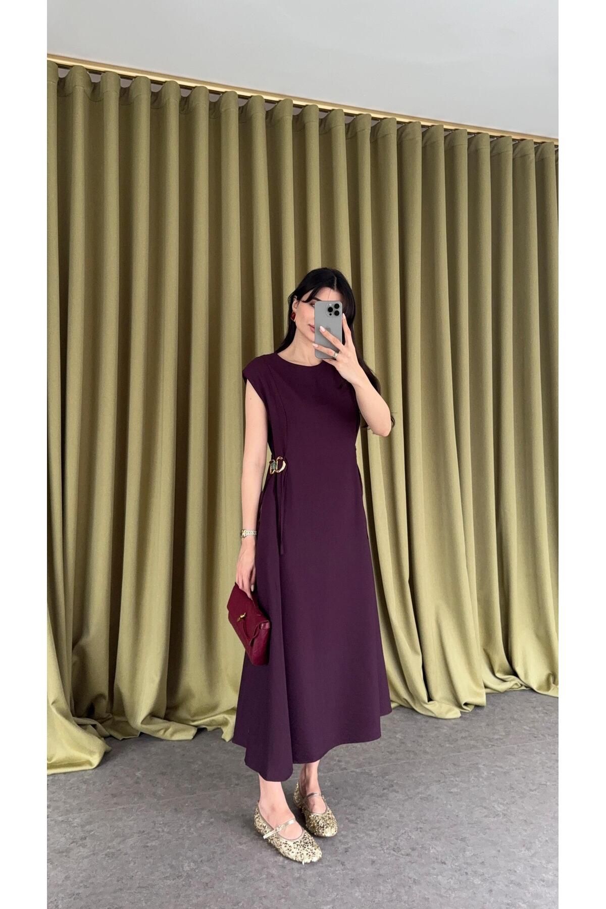 HAZELANNA Gold Tokalı Mürdüm Keten Elbise
