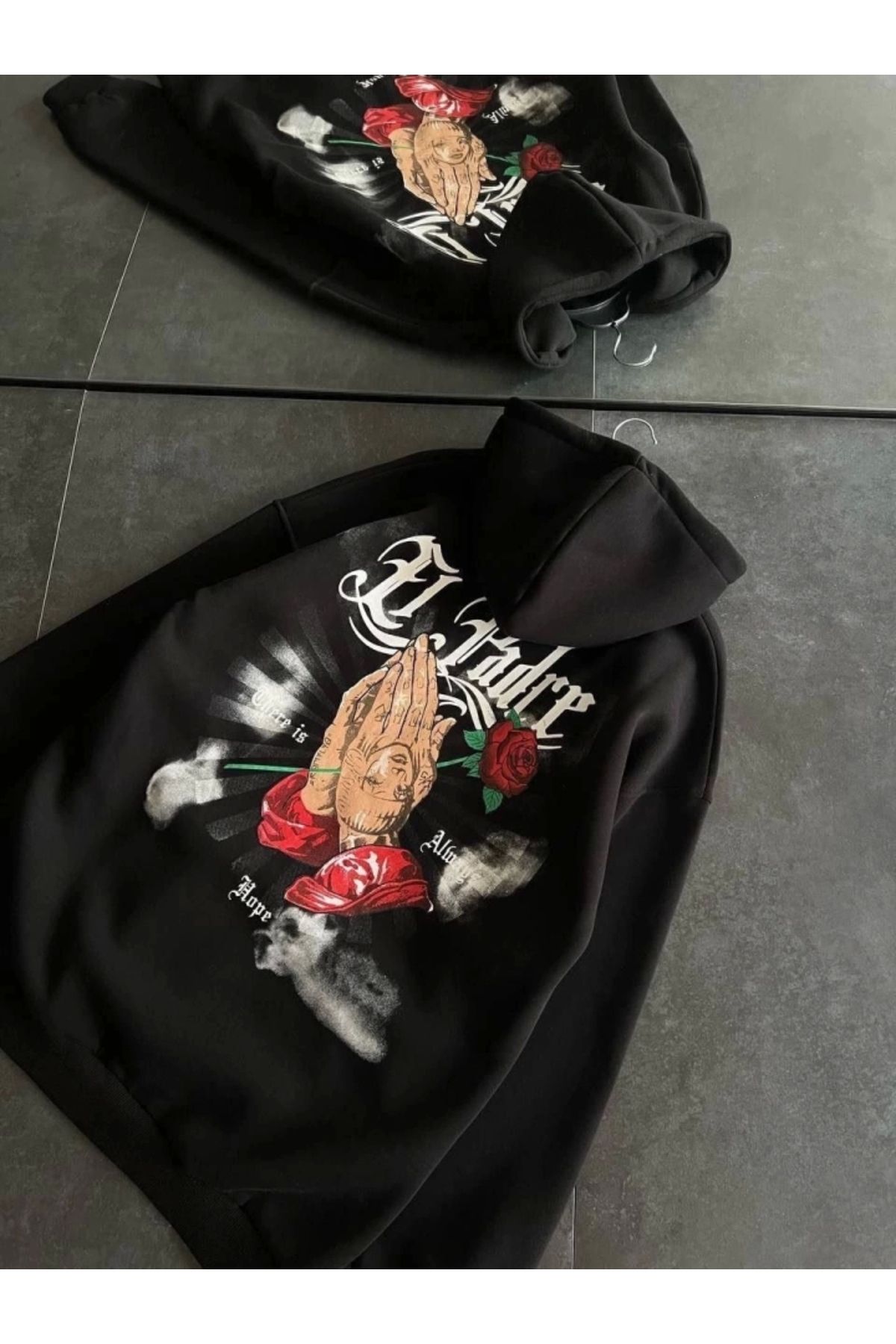 nedo7 Üç İplik Penye Uzun Kol Kapşonlu Baskılı SweatShirt - Siyah