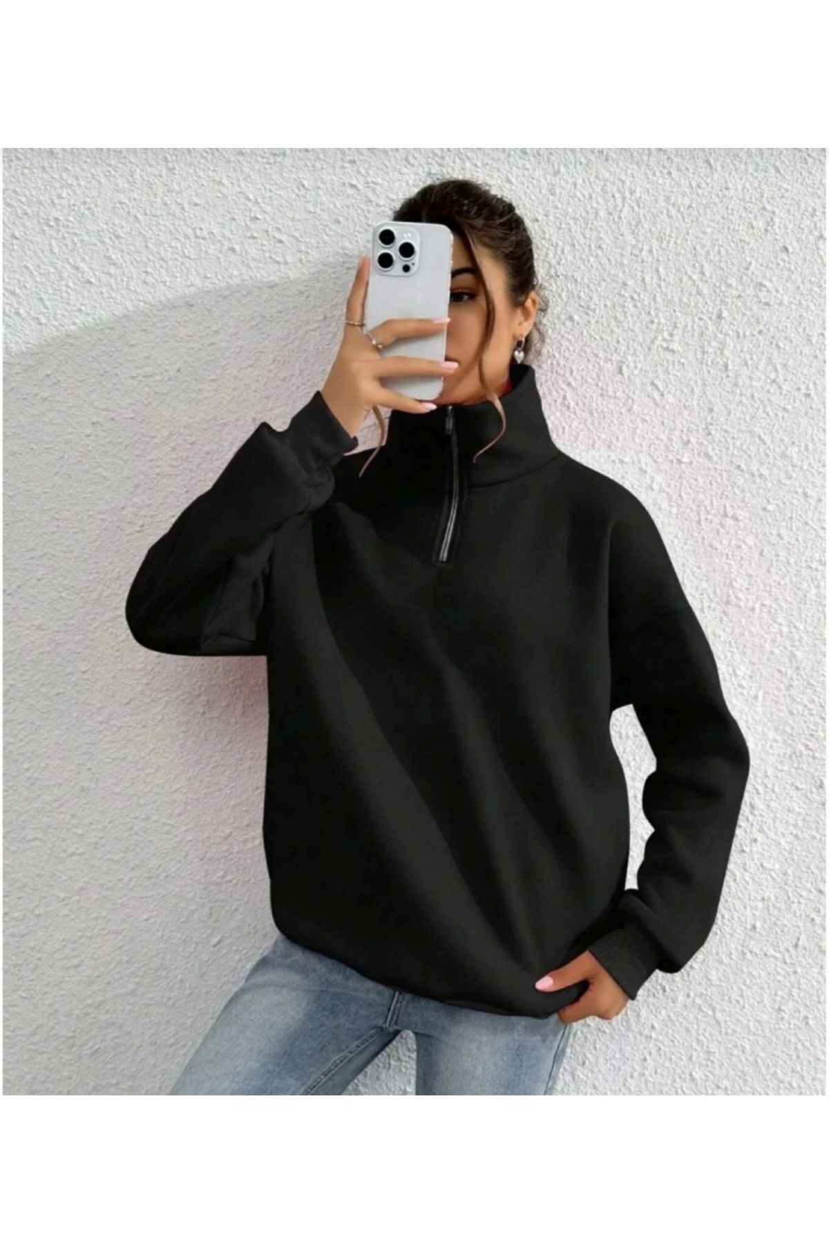nedo7 Unisex Uzun Kol Yarım Farmuarlı Yakalı Basic SweatShirt - Siyah