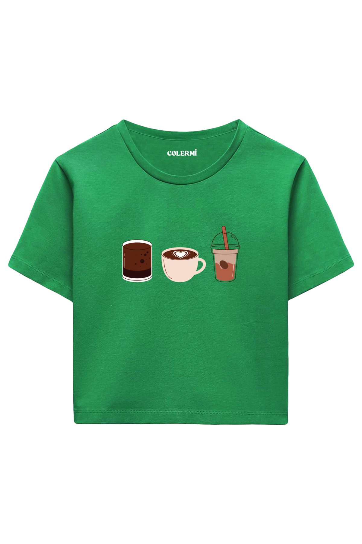 Colermi Kahve İllüstrasyon Baskılı %100 Pamuk Kadın Crop Tshirt