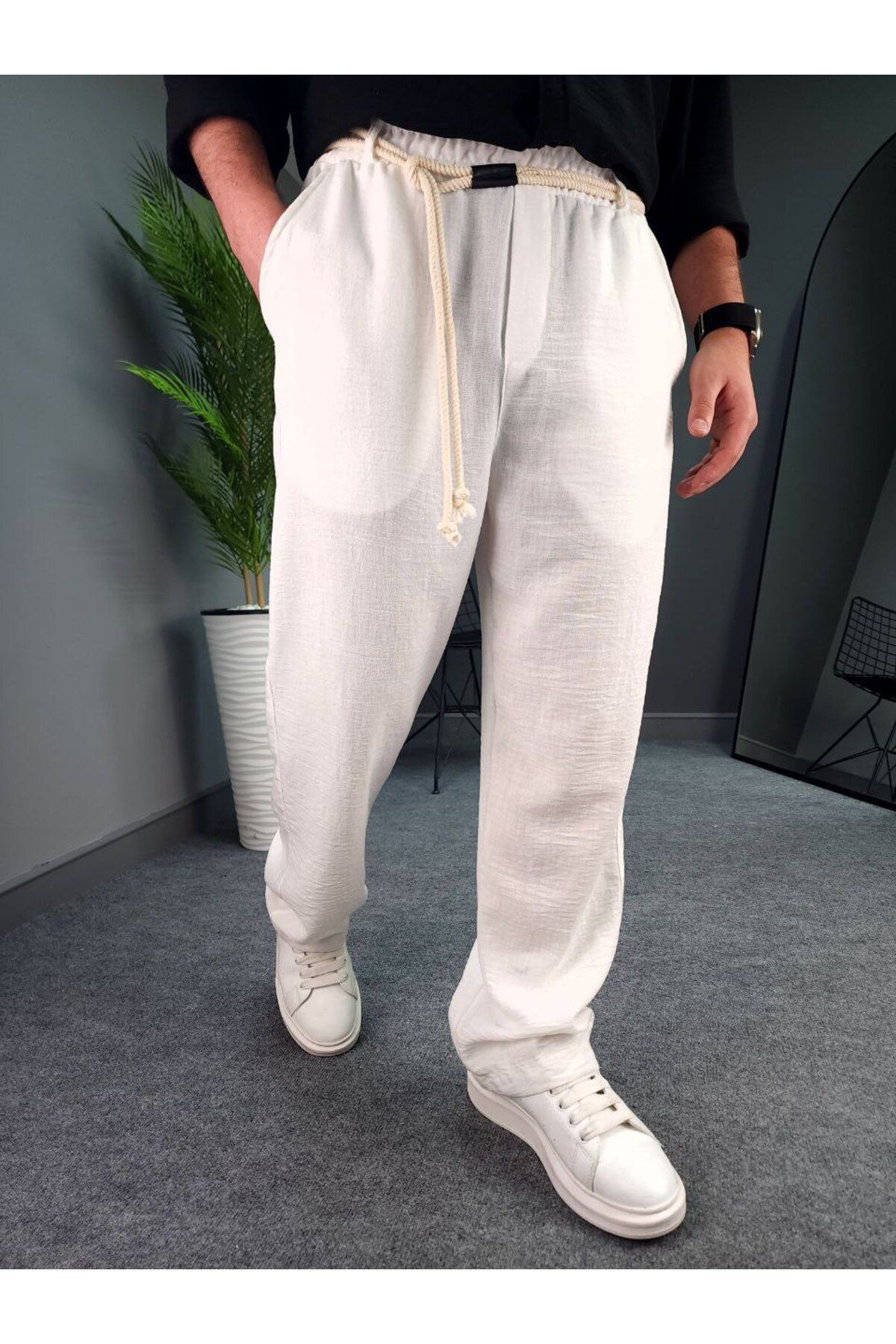 Castivo Fashion Bağcıklı Lastik Bel Rahat Kesim Erkek Yazlık Keten Görünümlü Pantolon