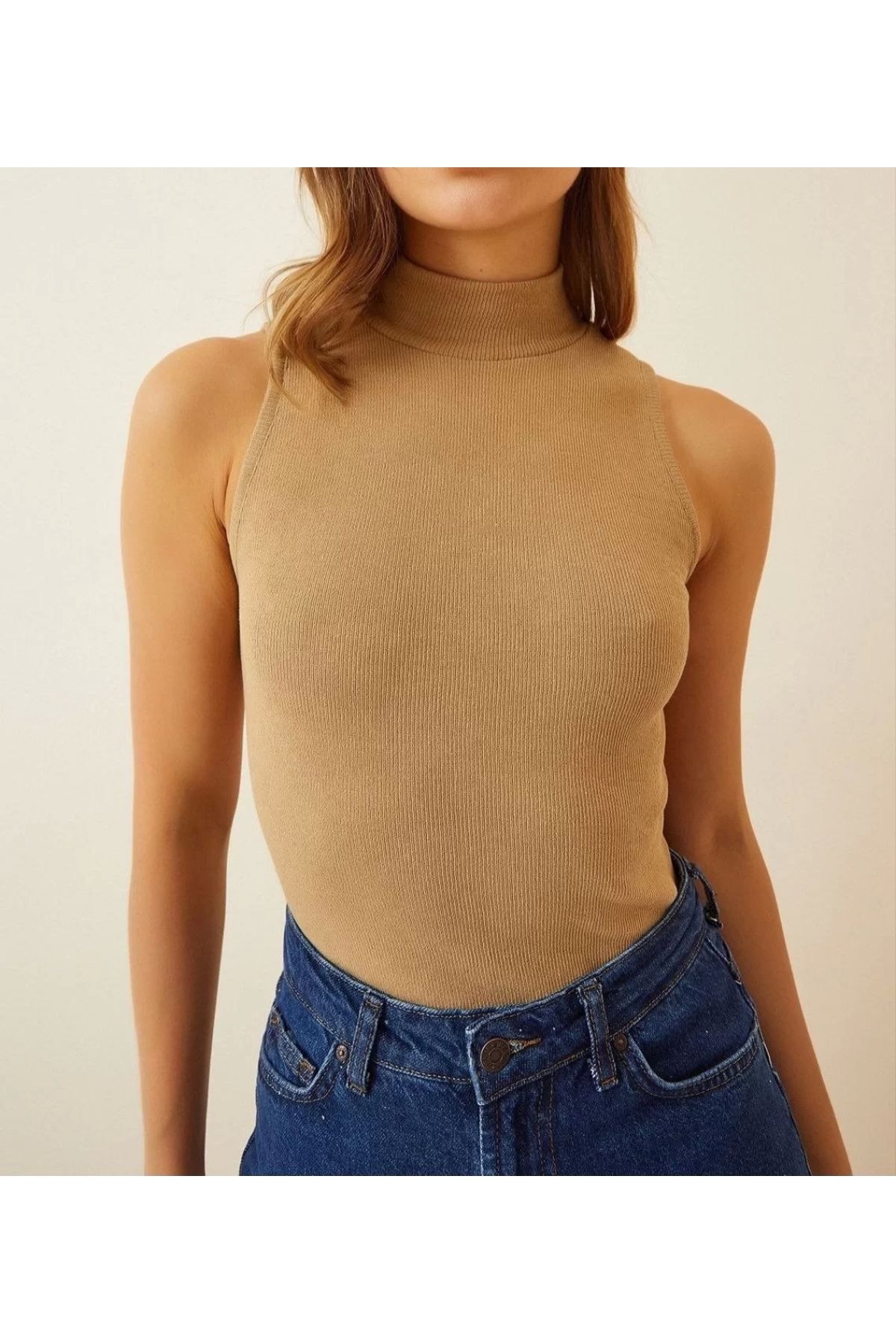 CVS Kadın Full Likralı Fitilli Kaşkorse Body - Camel