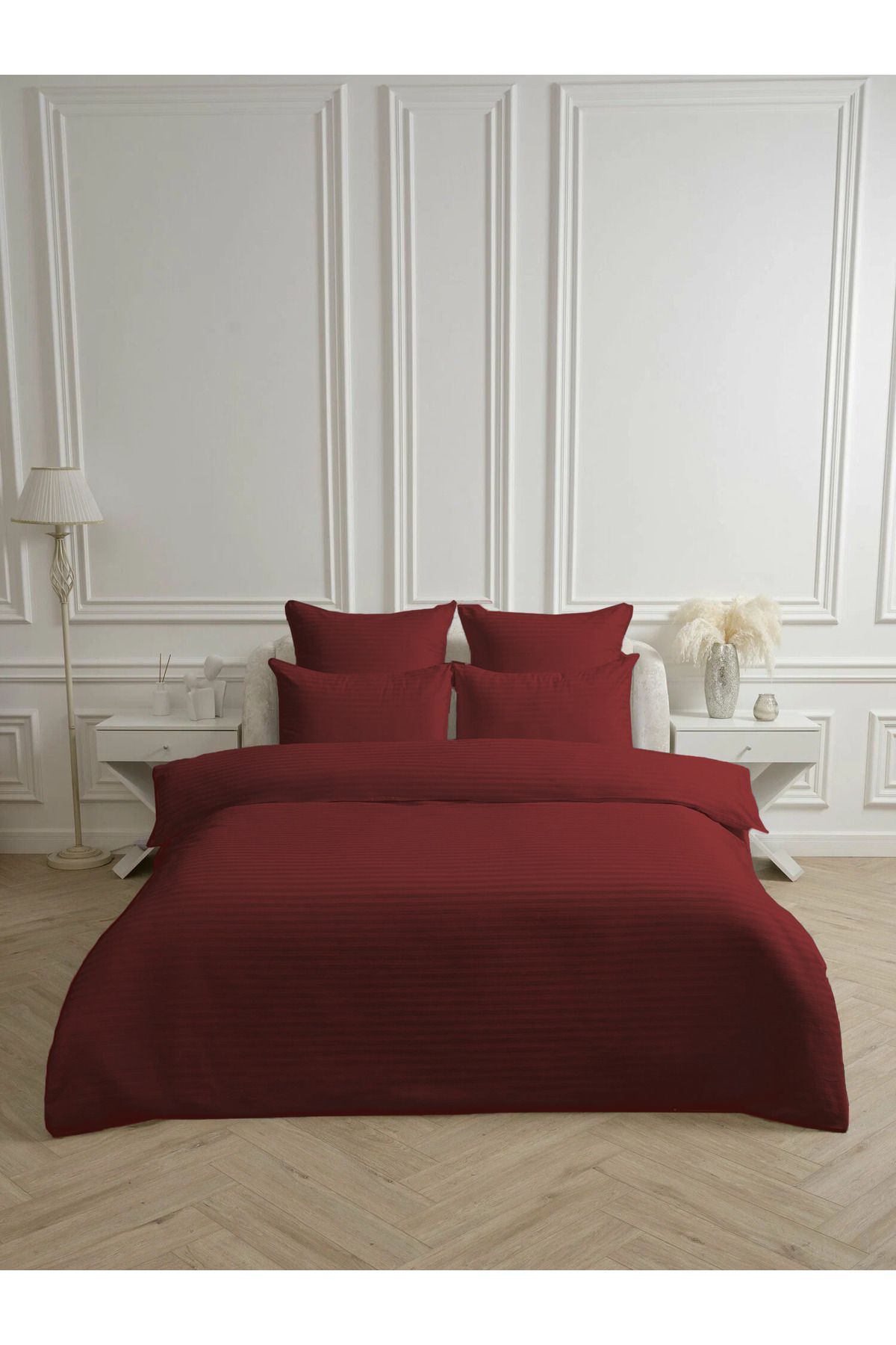Bonny Home Line Bordo Pamuk Saten Çift Kişilik Nevresim Takımı Lastiksiz Çarşaflı 4 Parça Set