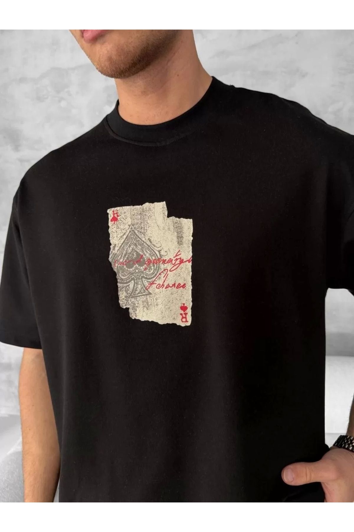 CVS Ön ve Arka Baskılı Oversize Bisiklet Yaka T-shirt - Siyah