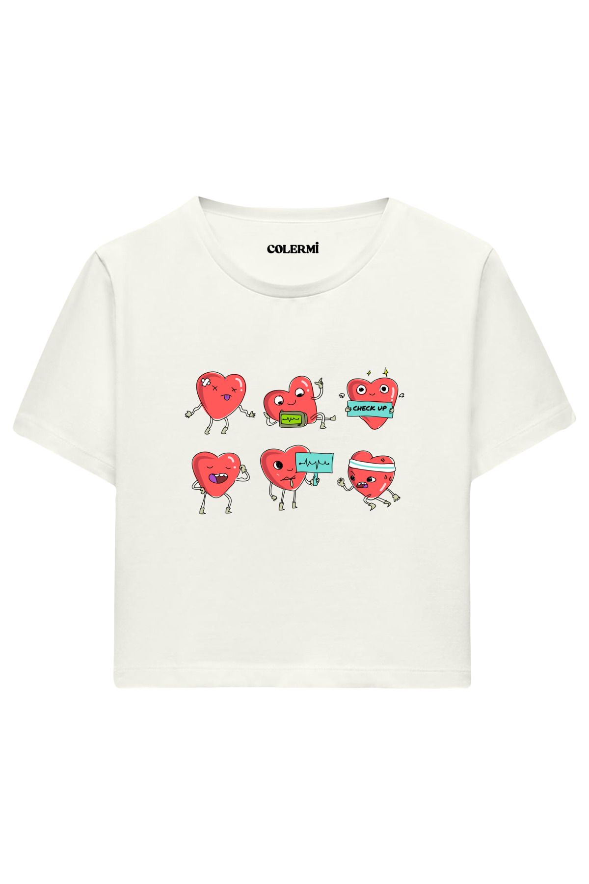 Colermi Sevimli Kalp Karakter Baskılı %100 Pamuk Kadın Crop Tshirt