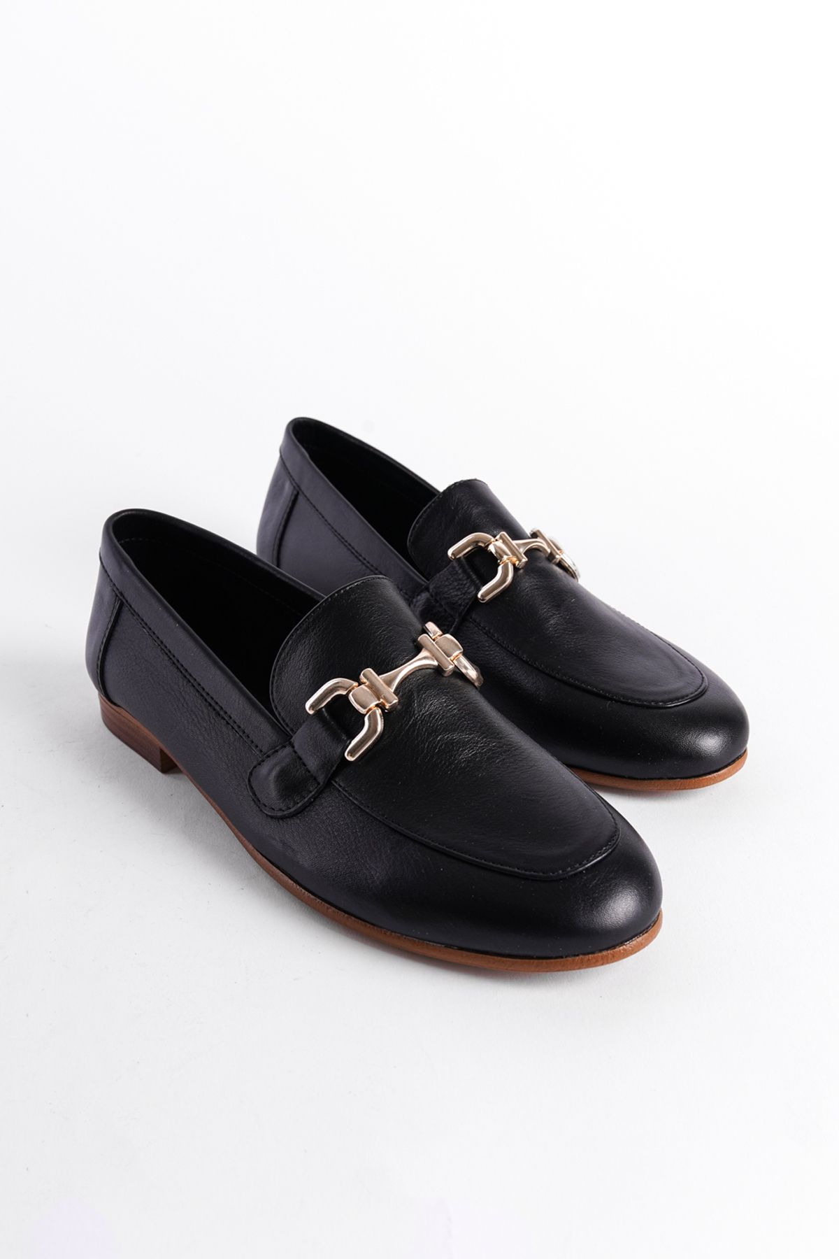 لوفر مشکی زنانه طلای طلایی سیاه چرمی واقعی Capone Outfitters