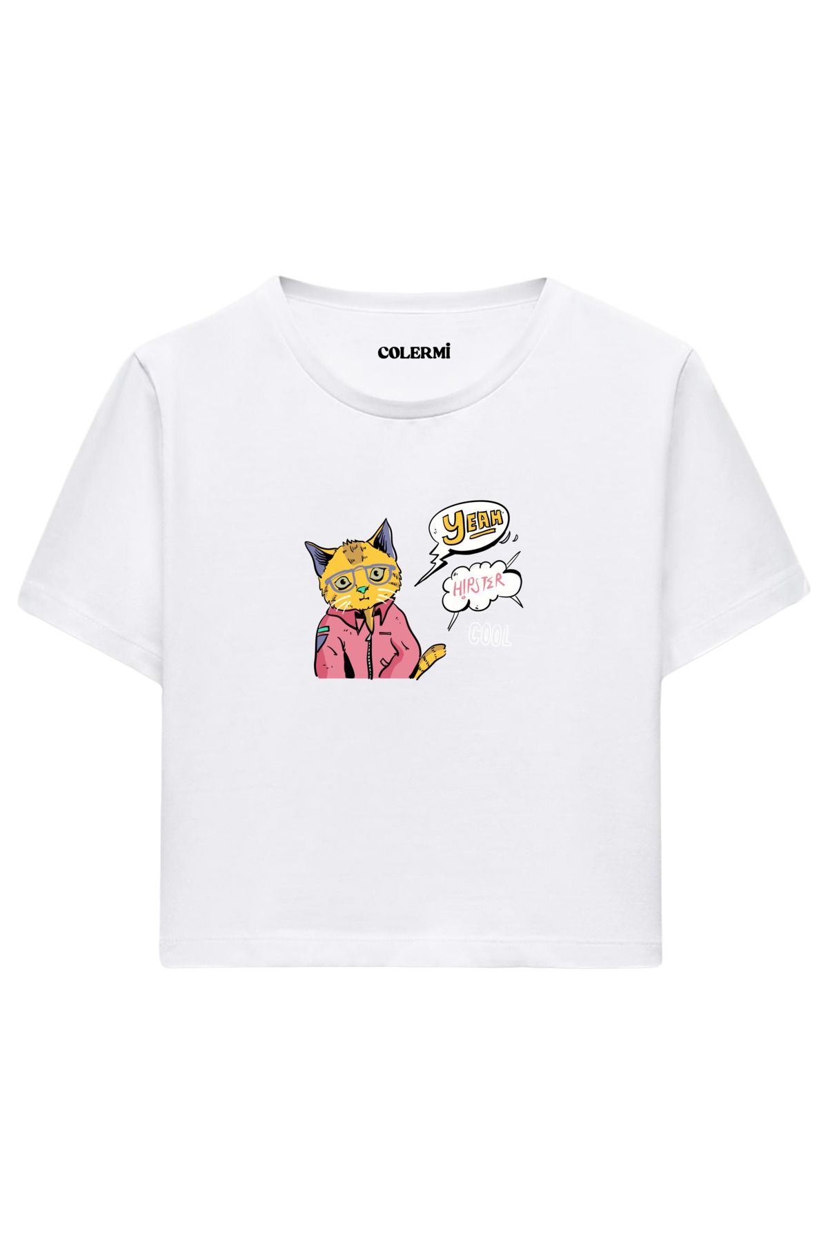 Colermi Hipster Kedi Baskılı %100 Pamuk Kadın Crop Tshirt