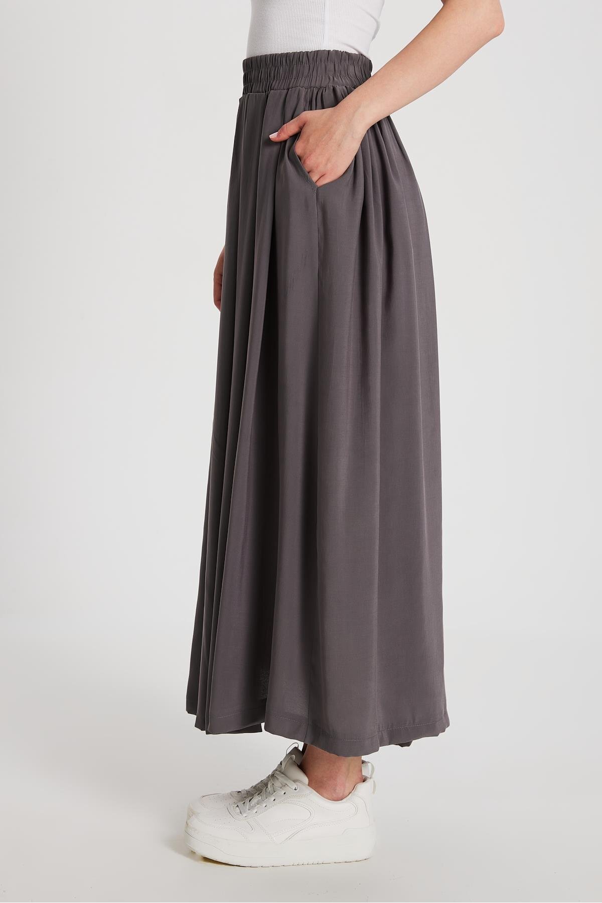 minaaise-Women's Anthracite Pleated Pocket Modal Long Skirt 29145 7
