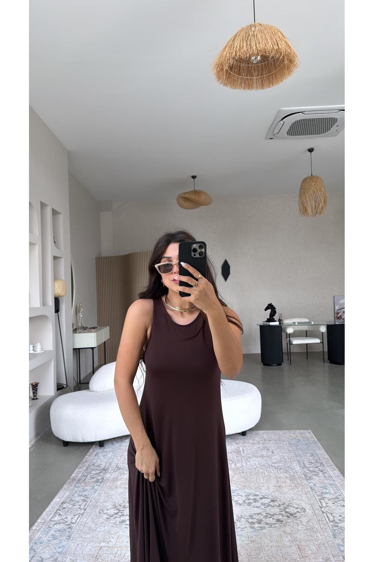 Buket Teke Kahverengi Kolsuz A Kesim Modal Elbise