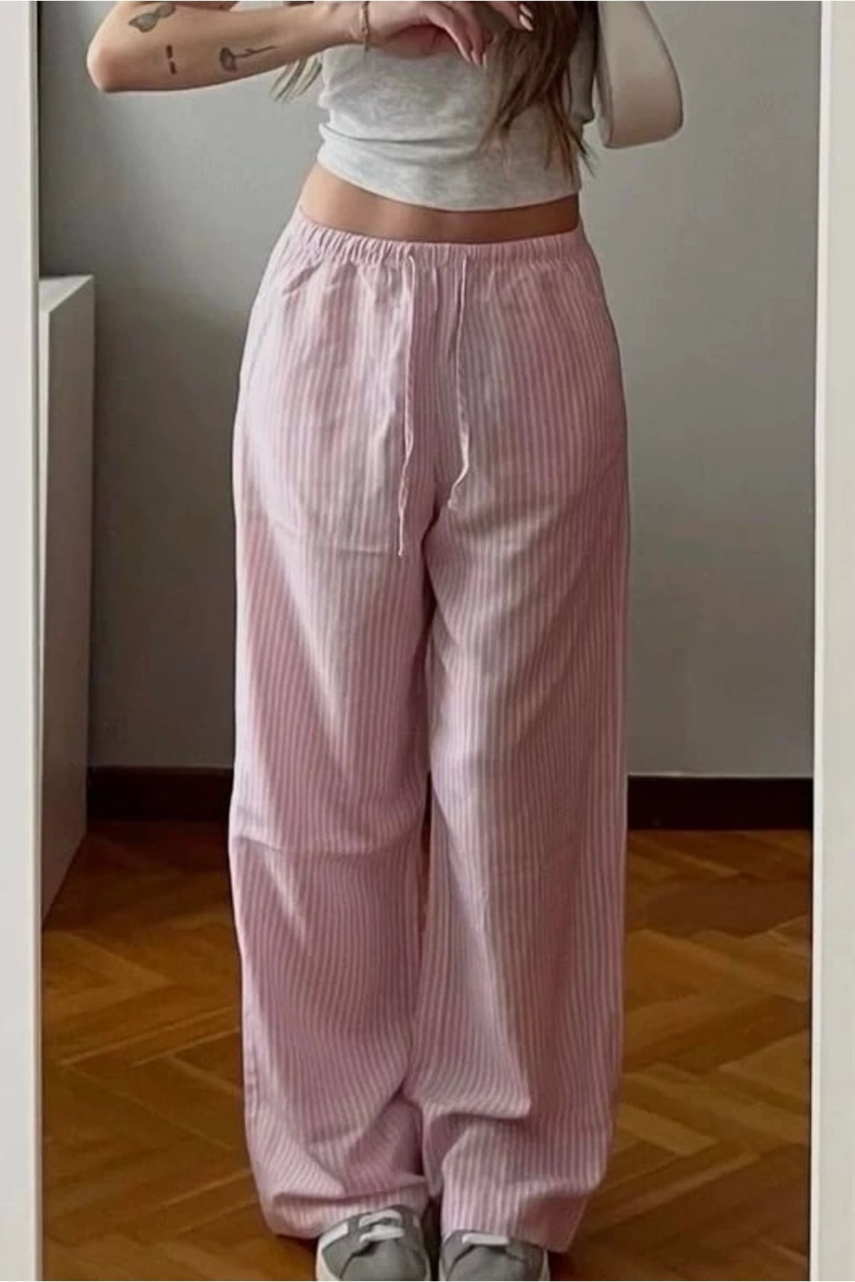 Violon Pembe Çizgili Beli Lastikli Y2K Bol Paça Pantolon