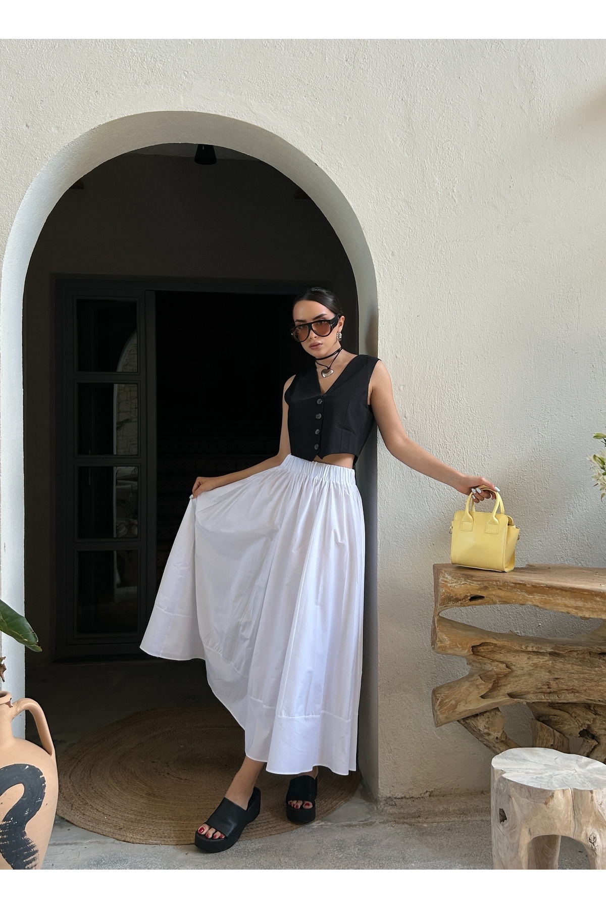 minaaise  Beyaz Poplin Beli Lastikli Uzun Etek 27321 - Görsel 6