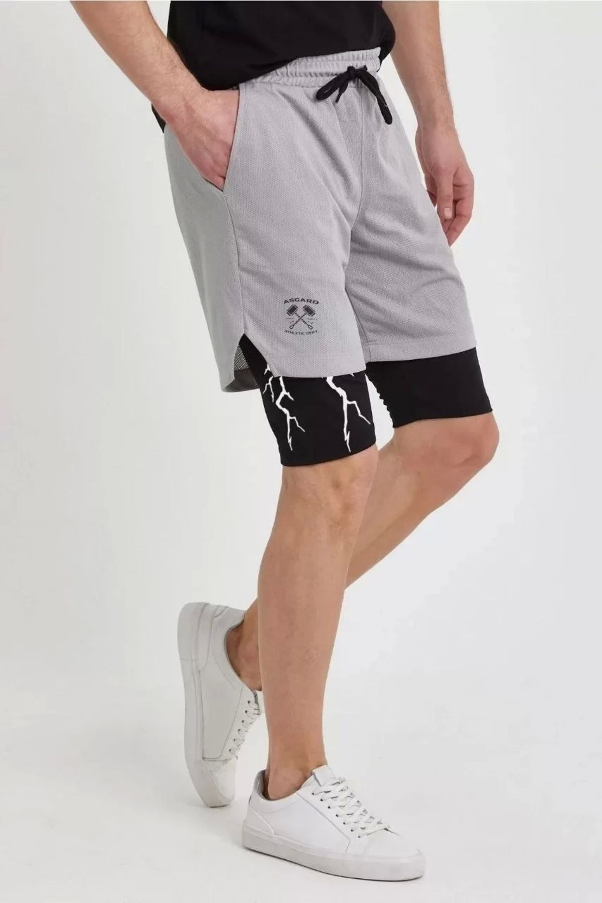 CVS Unisex Baskılı İç Cepli Sporcu Alt Taytlı Şort - Gri