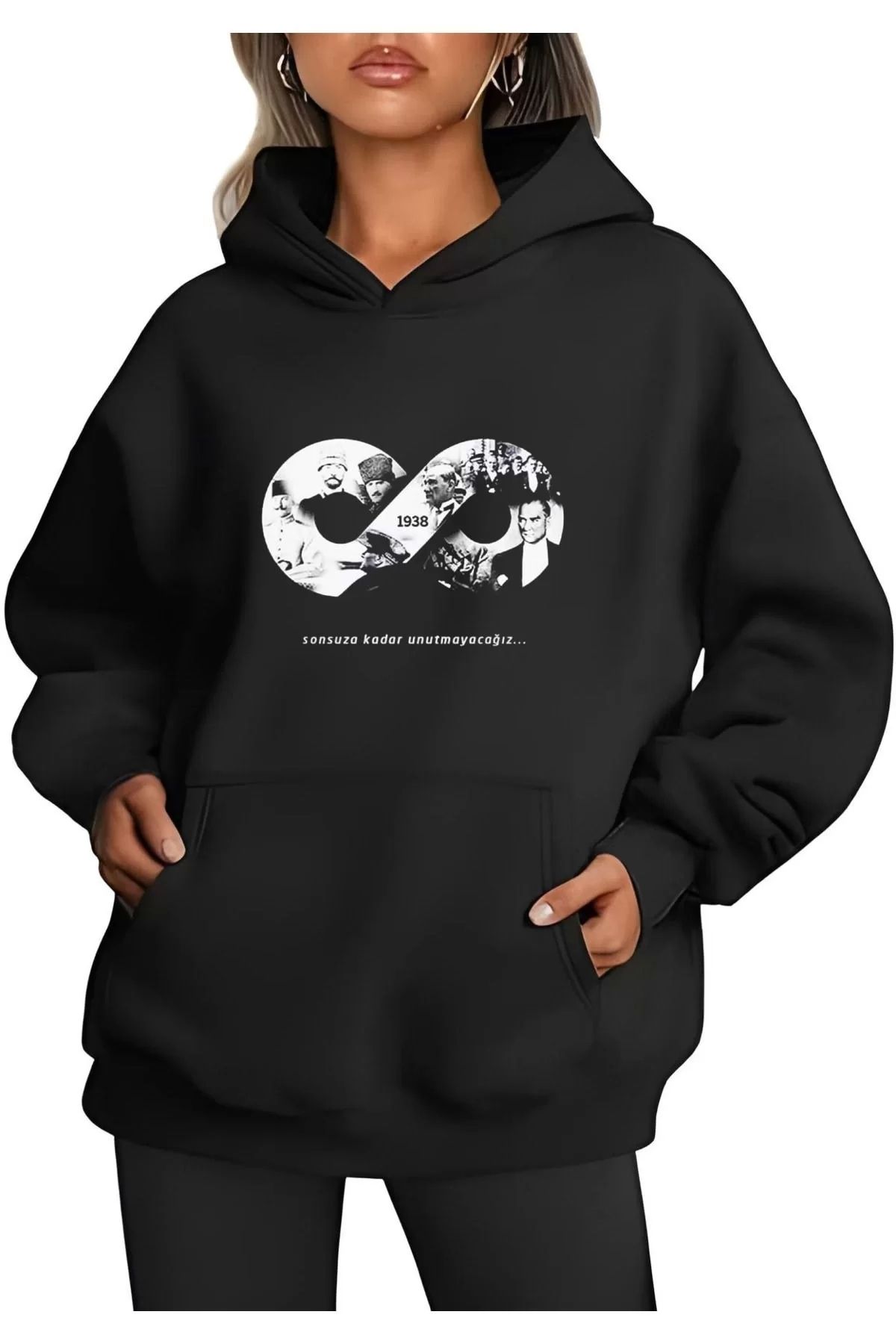 CVS Üç İplik kapüşonlu 10 Kasıma Özel SweatShirt - Siyah