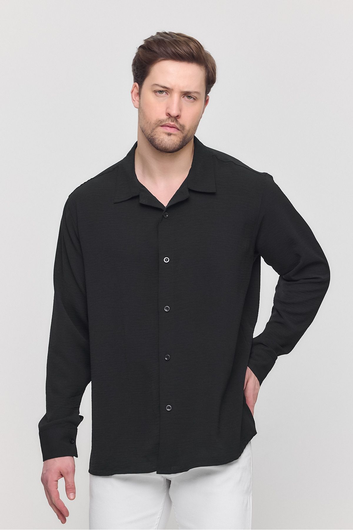 Gray Clothing Yazlık Aerobin Keten Dokulu Oversize Siyah Erkek Gömlek