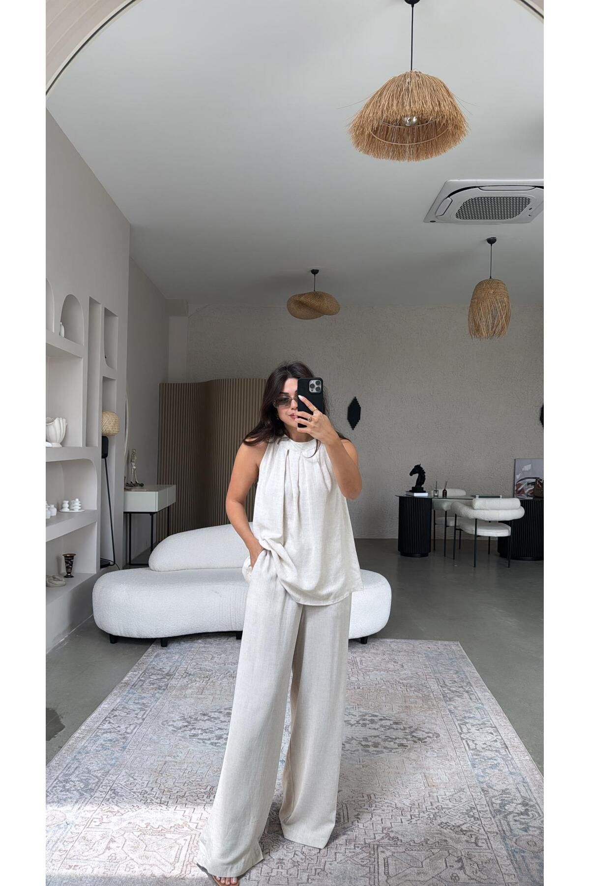 Buket Teke Naturel Keten Pantolon Bluz Takım