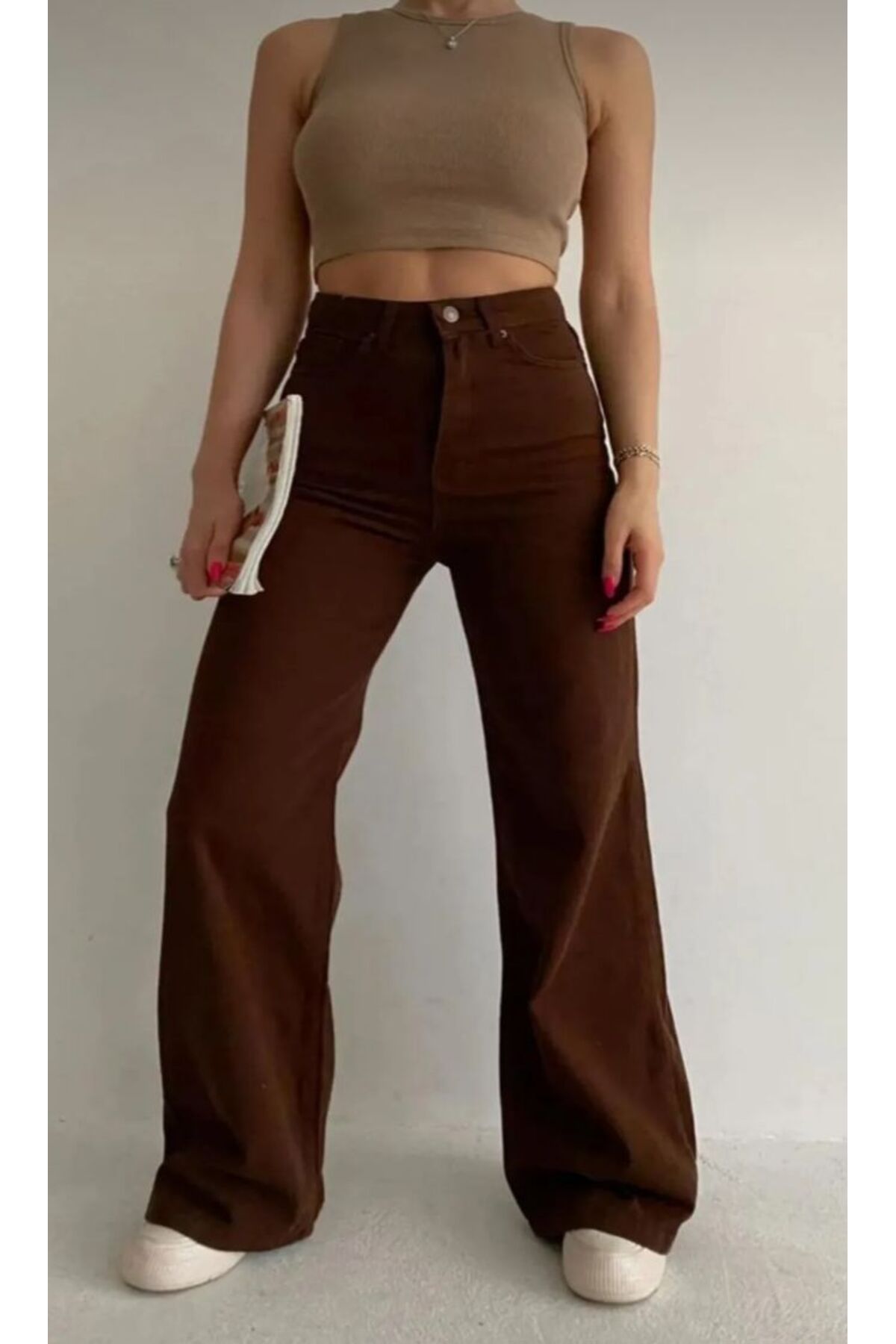 CİHAN PAPEL Kahverengi Likralı Süper Yüksek Bel Salaş Jeans Palazzo Pantolon. (SÜPER YÜKSEK) Wide Leg