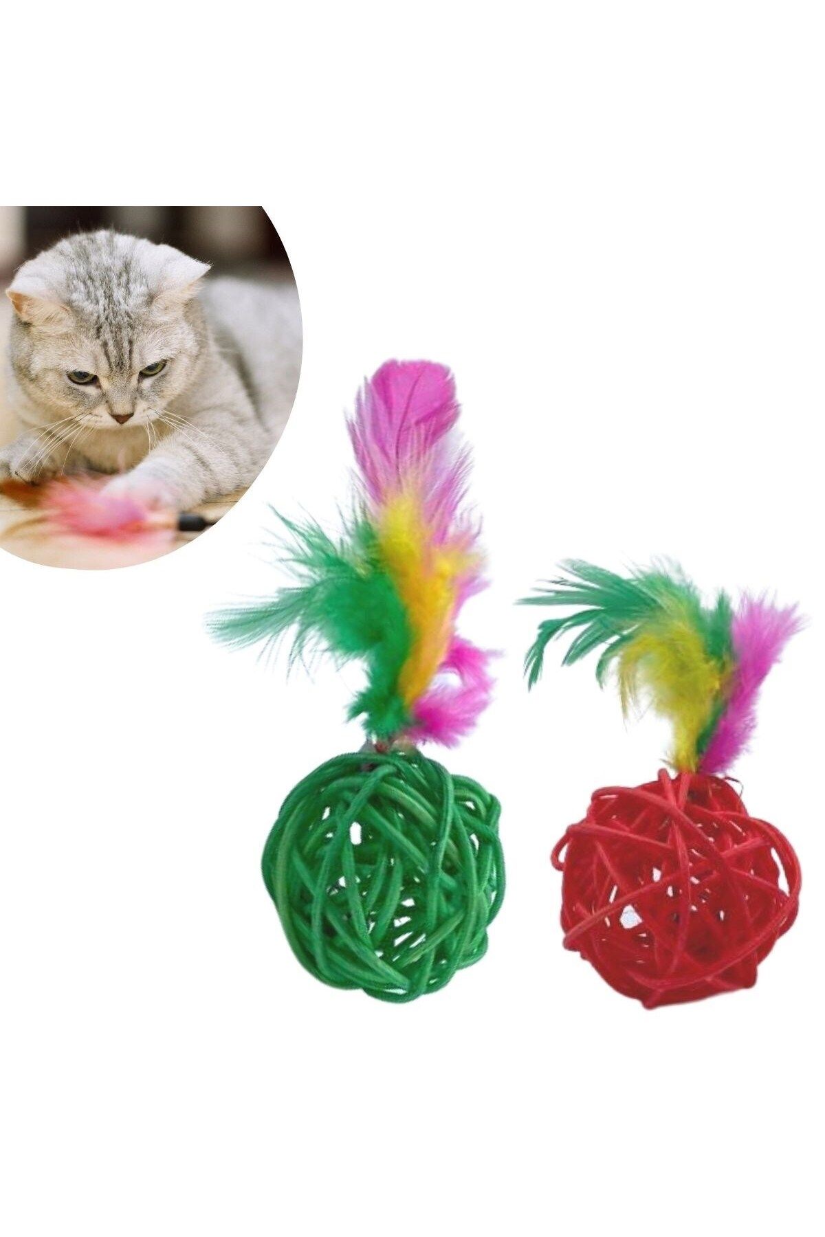 Emperium 2li Rattan Renkli Peluş Tüy Kedi Köpek Oyuncak Yakalama Çiğneme Çıngıraklı Top Oyuncağı (5122)